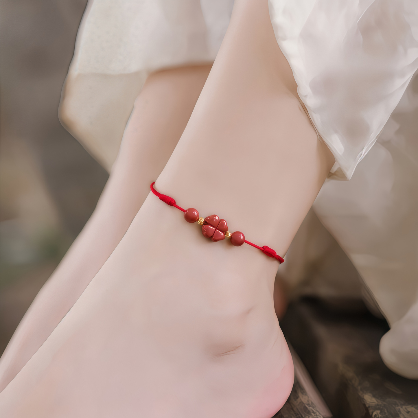 Natural Cinnabar Four Leaf Clover Blessing Red String Bracelet Anklet- EclatDoré