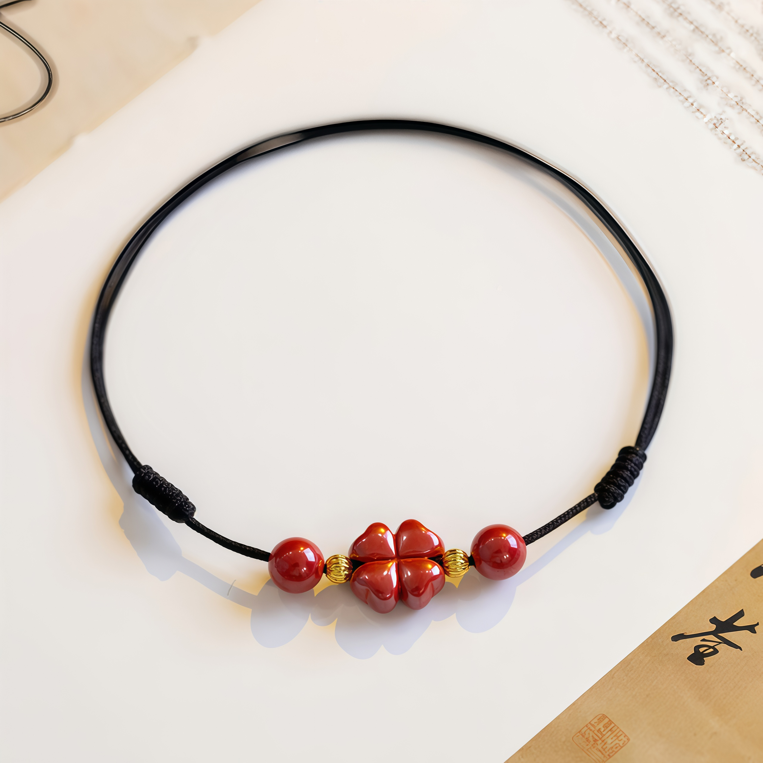 Natural Cinnabar Four Leaf Clover Blessing Red String Bracelet Anklet- EclatDoré