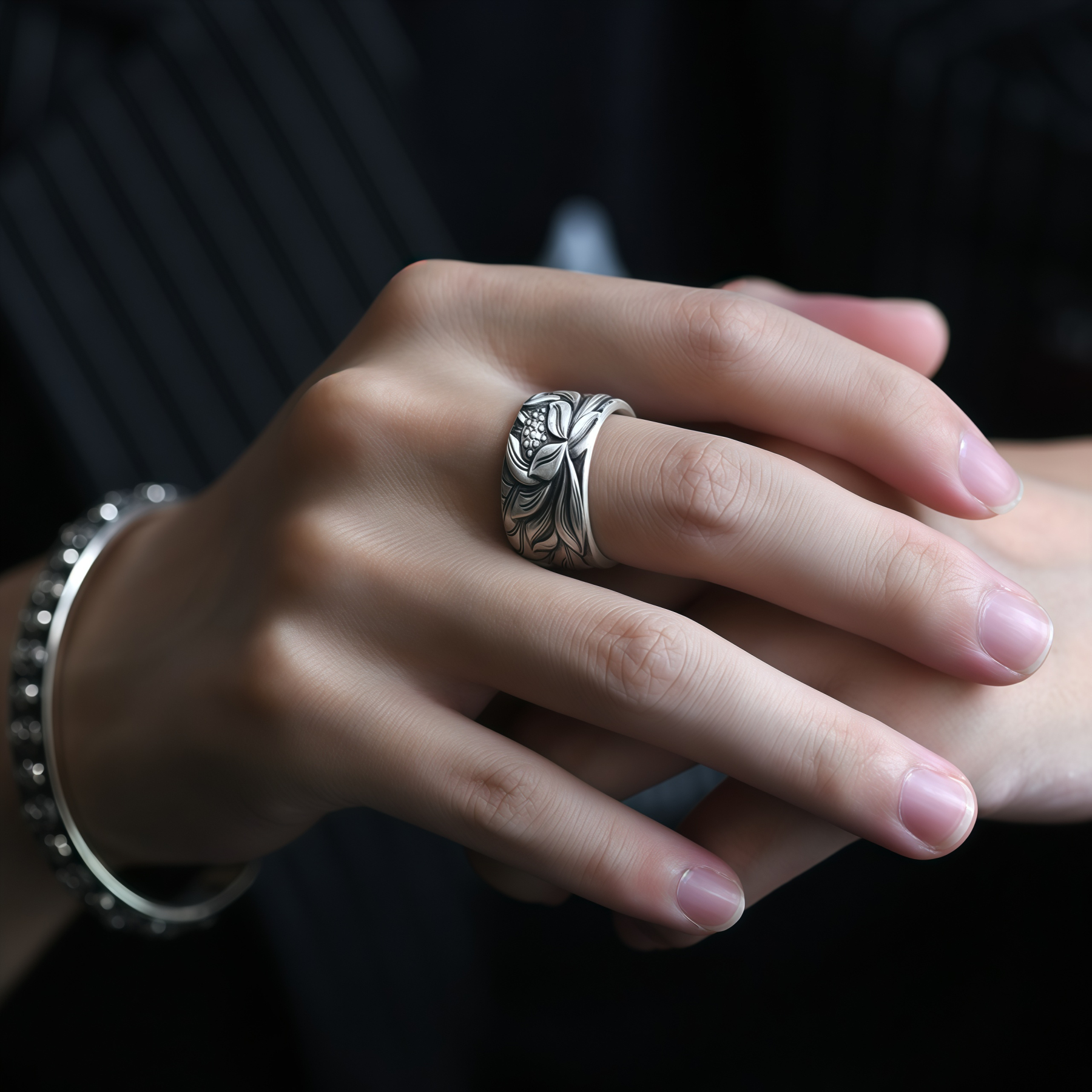 Tibetan Buddhism Silver 999 Ring - Lotus Mantra Engraved Adjustable Open Ring- EclatDoré