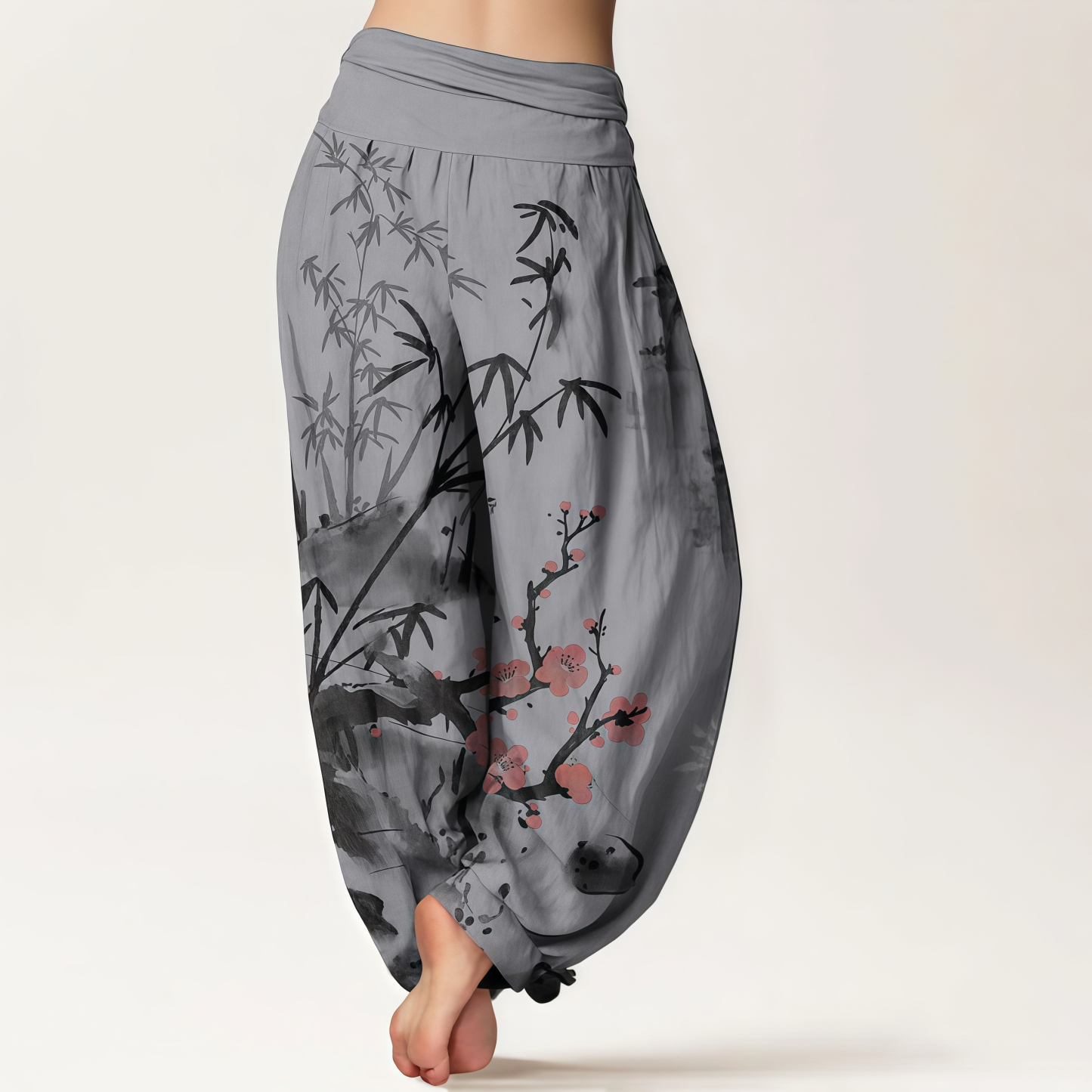 Pure Cotton Plum Blossoms Bamboo Orchids Chrysanthemums Pattern Women's Elastic Waist Harem Pants- EclatDoré