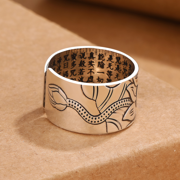 Tibetan Buddhism Silver 999 Ring - Lotus Mantra Engraved Adjustable Open Ring- EclatDoré