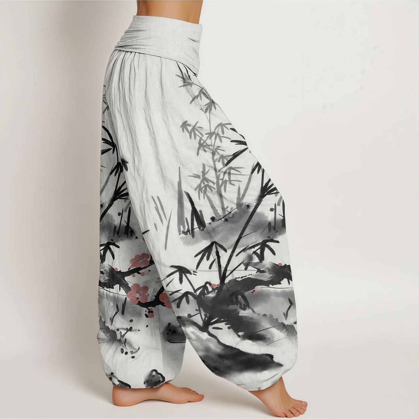 Pure Cotton Plum Blossoms Bamboo Orchids Chrysanthemums Pattern Women's Elastic Waist Harem Pants- EclatDoré