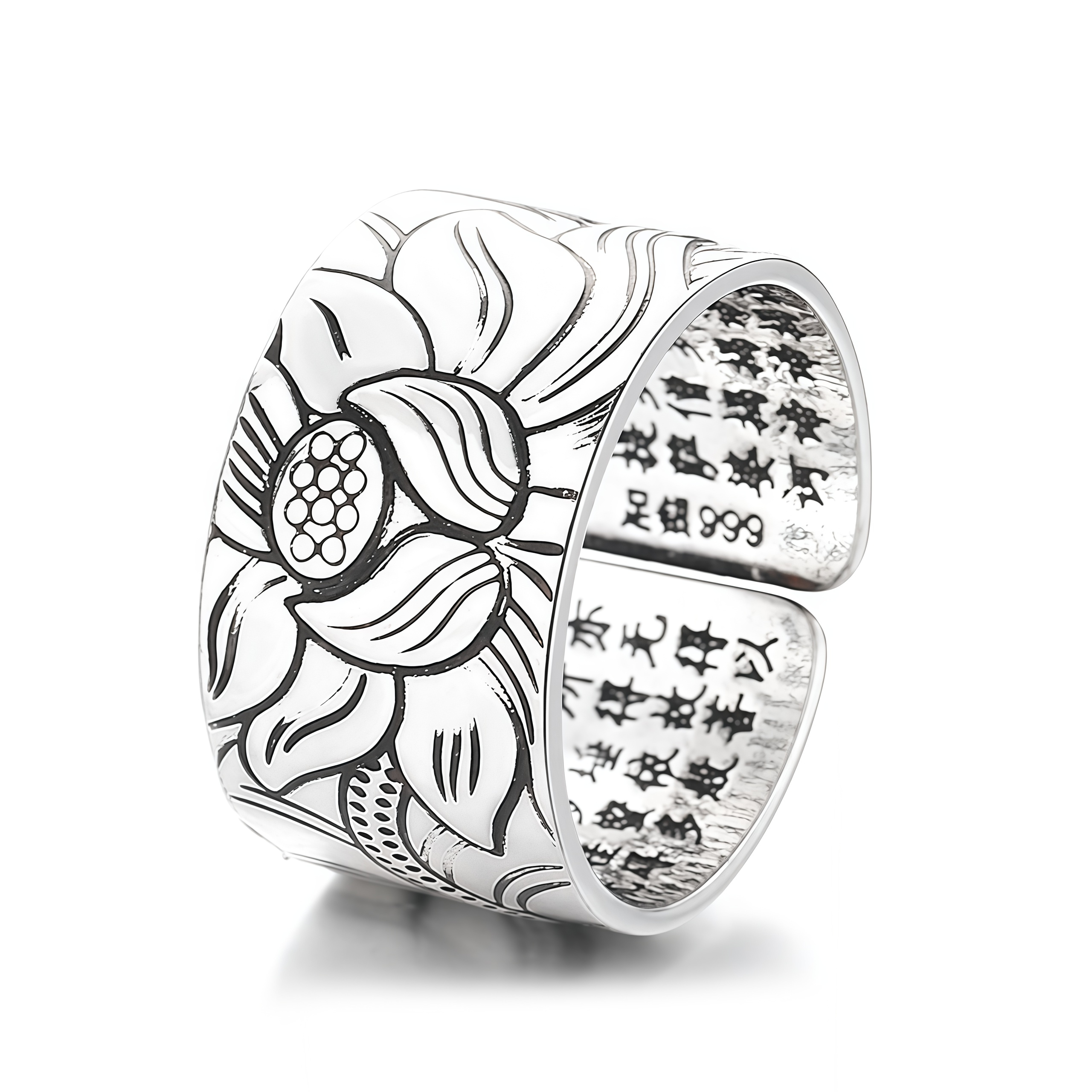 Tibetan Buddhism Silver 999 Ring - Lotus Mantra Engraved Adjustable Open Ring- EclatDoré