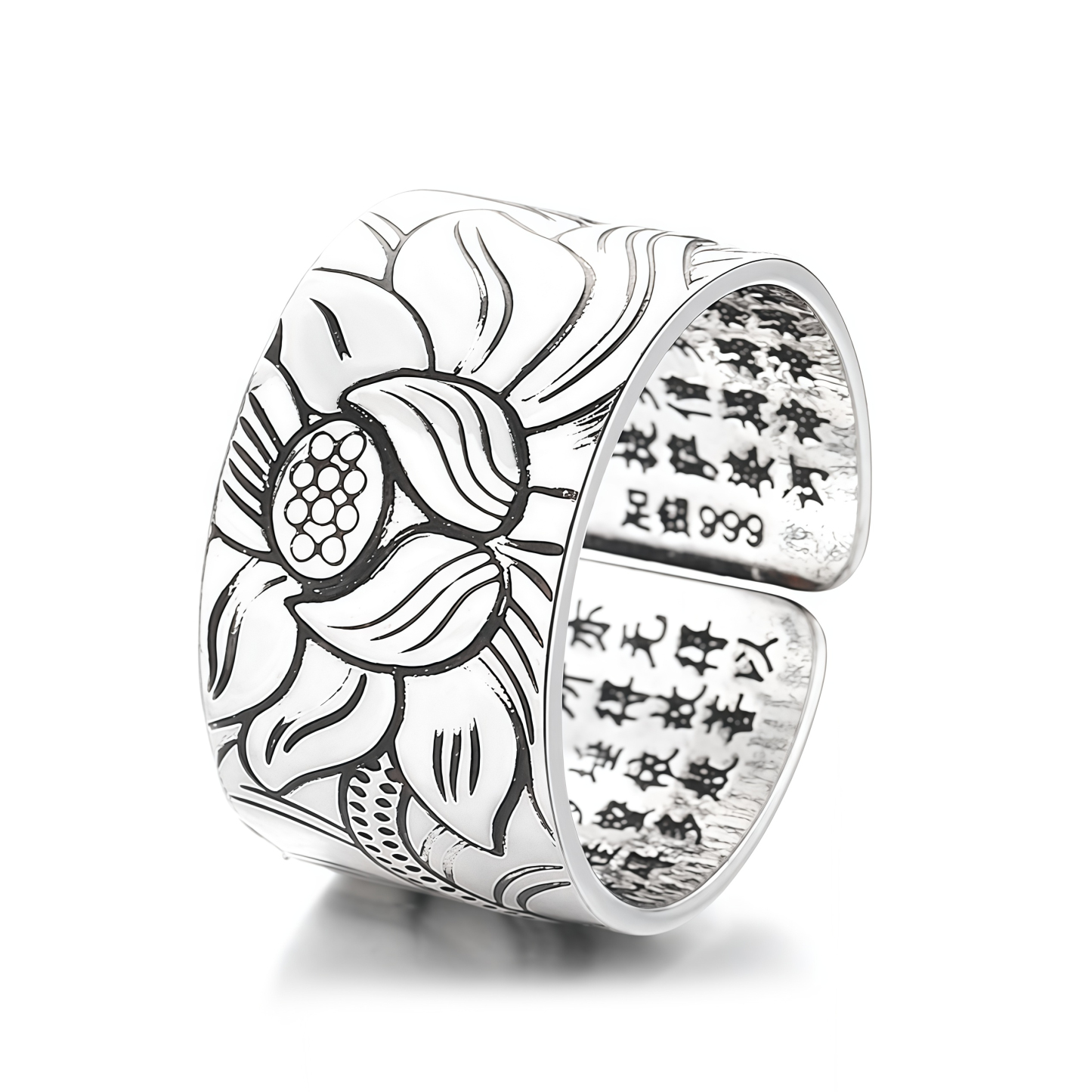 Tibetan Buddhism Silver 999 Ring - Lotus Mantra Engraved Adjustable Open Ring- EclatDoré