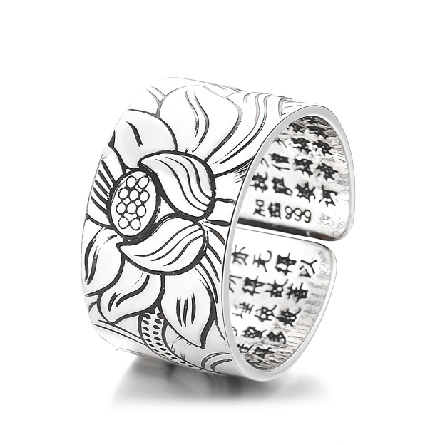 Tibetan Buddhism Silver 999 Ring - Lotus Mantra Engraved Adjustable Open Ring- EclatDoré