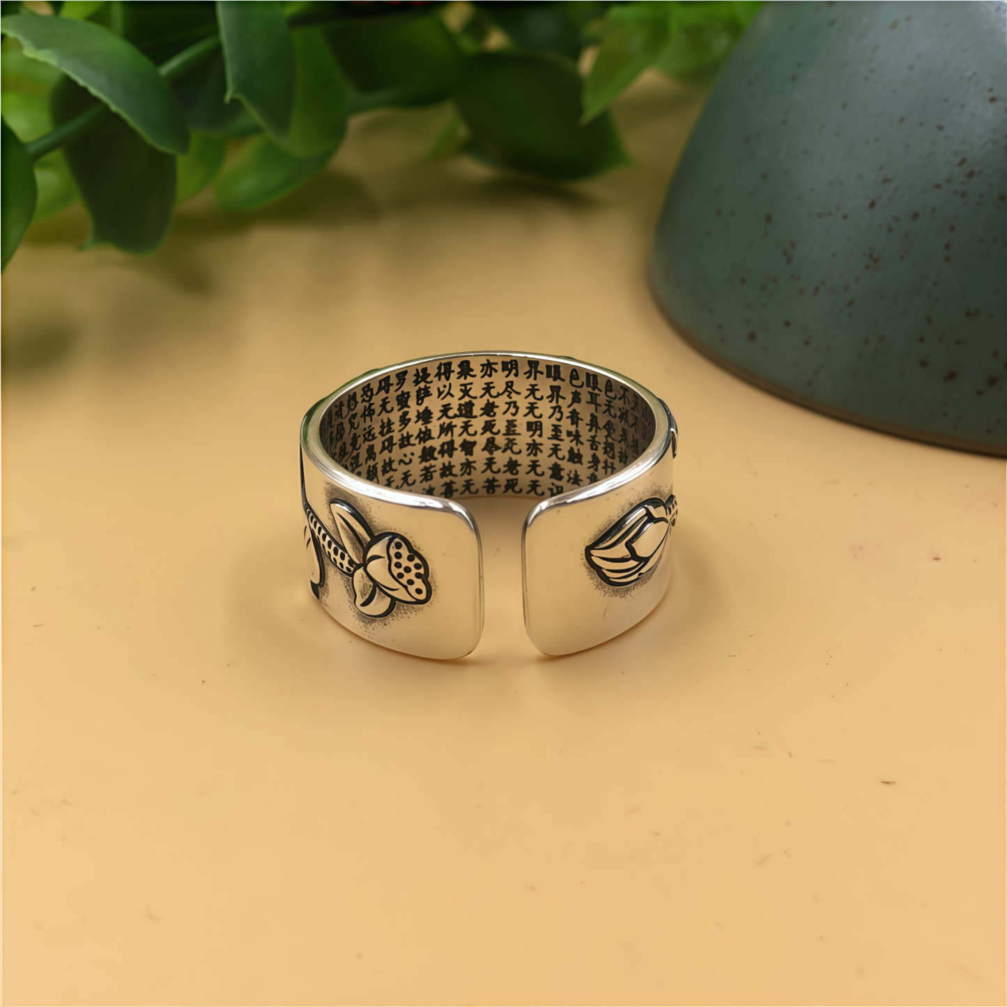 Tibetan Buddhism Silver 999 Ring - Lotus Mantra Engraved Adjustable Open Ring- EclatDoré