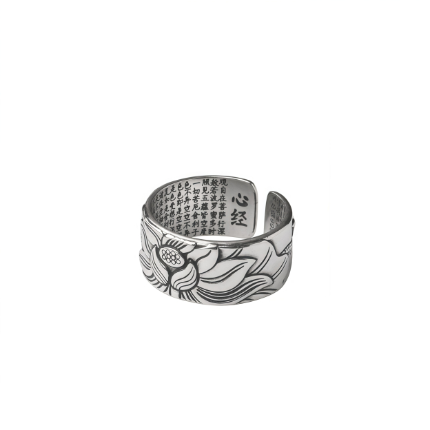 Tibetan Buddhism Silver 999 Ring - Lotus Mantra Engraved Adjustable Open Ring- EclatDoré