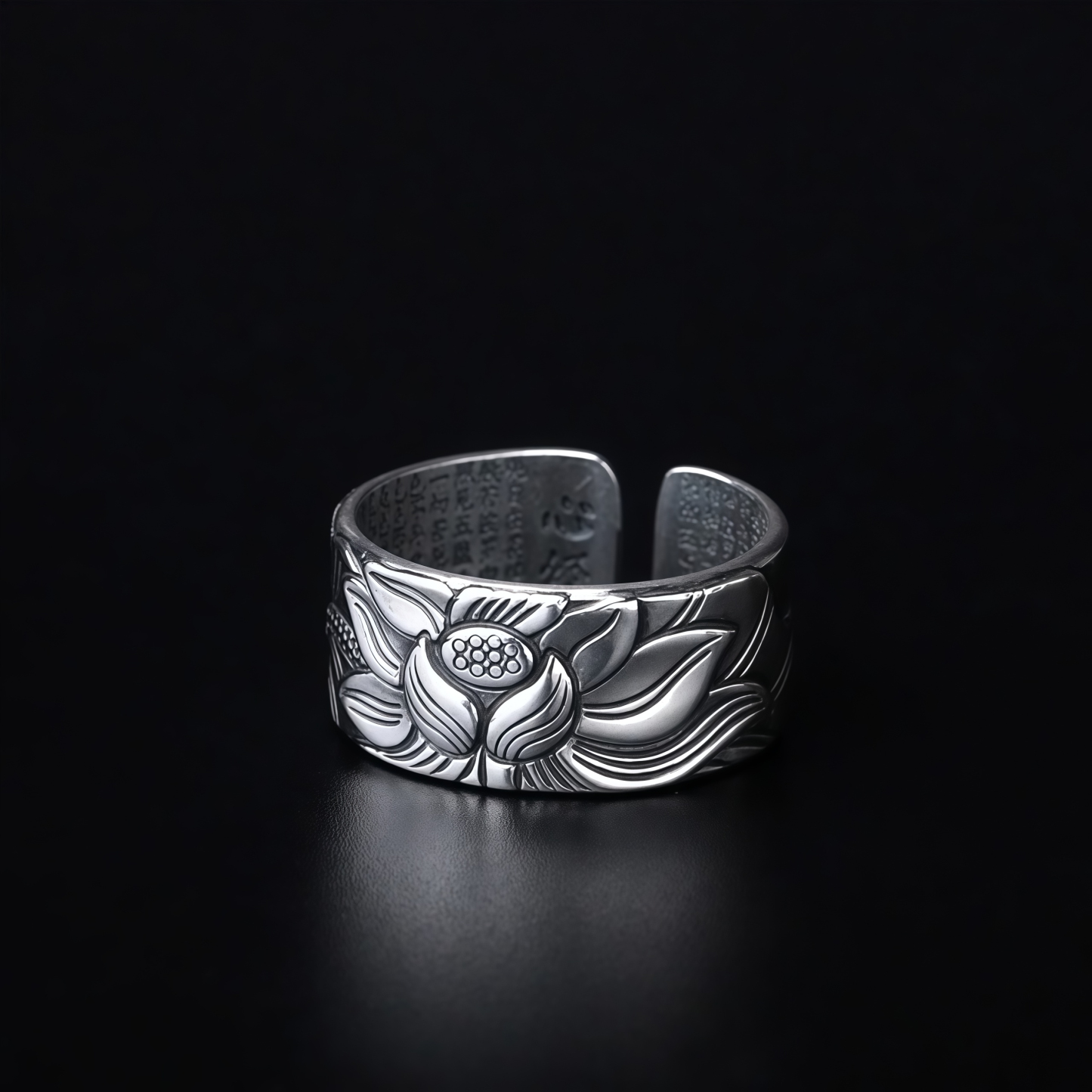Tibetan Buddhism Silver 999 Ring - Lotus Mantra Engraved Adjustable Open Ring- EclatDoré