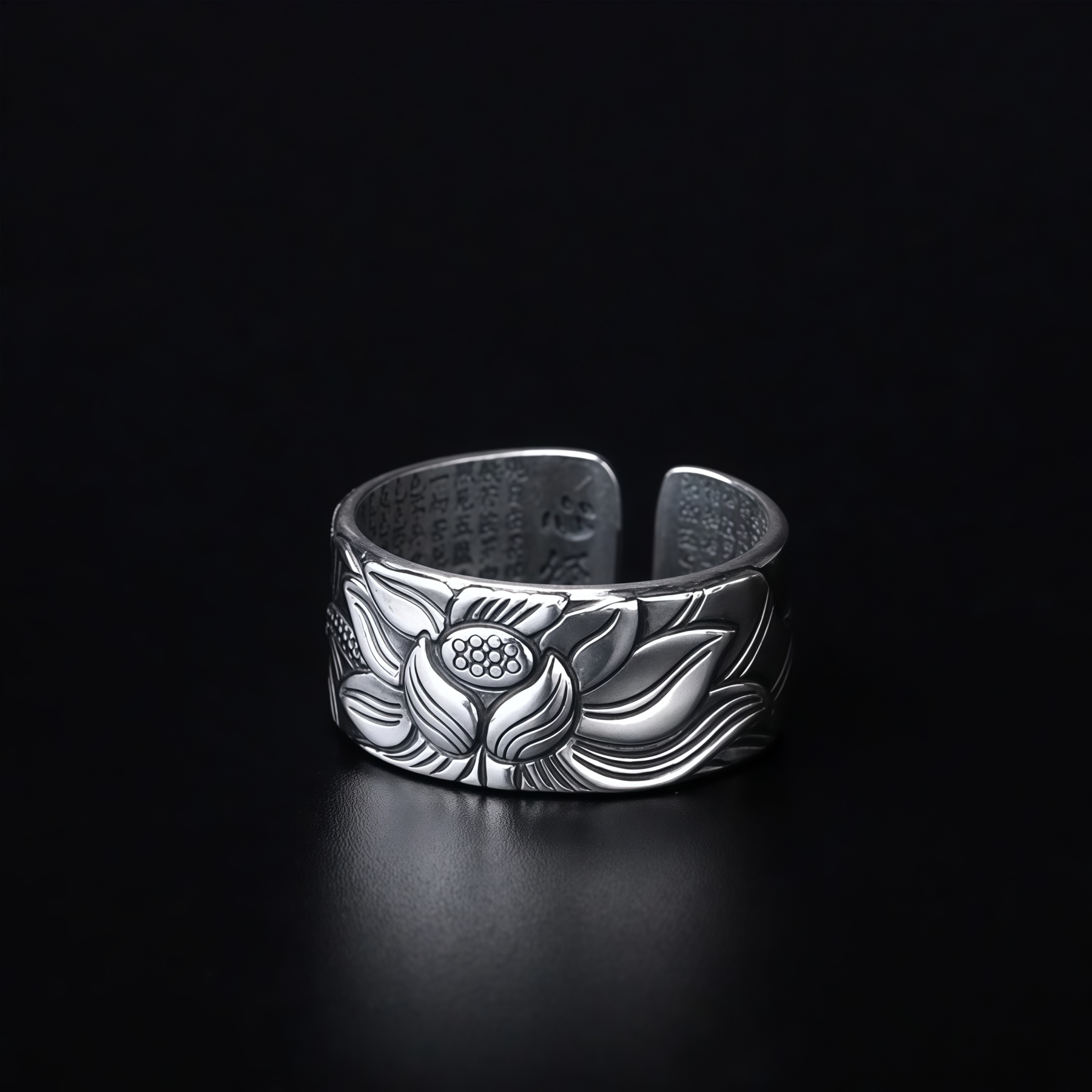 Tibetan Buddhism Silver 999 Ring - Lotus Mantra Engraved Adjustable Open Ring- EclatDoré