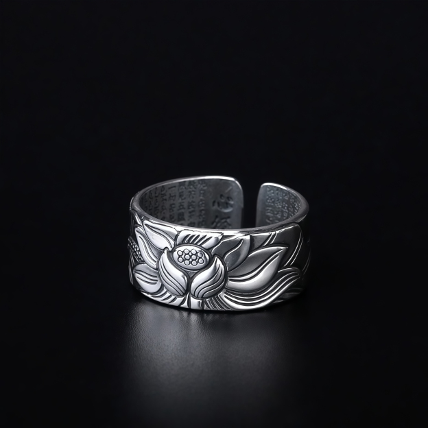 Tibetan Buddhism Silver 999 Ring - Lotus Mantra Engraved Adjustable Open Ring- EclatDoré