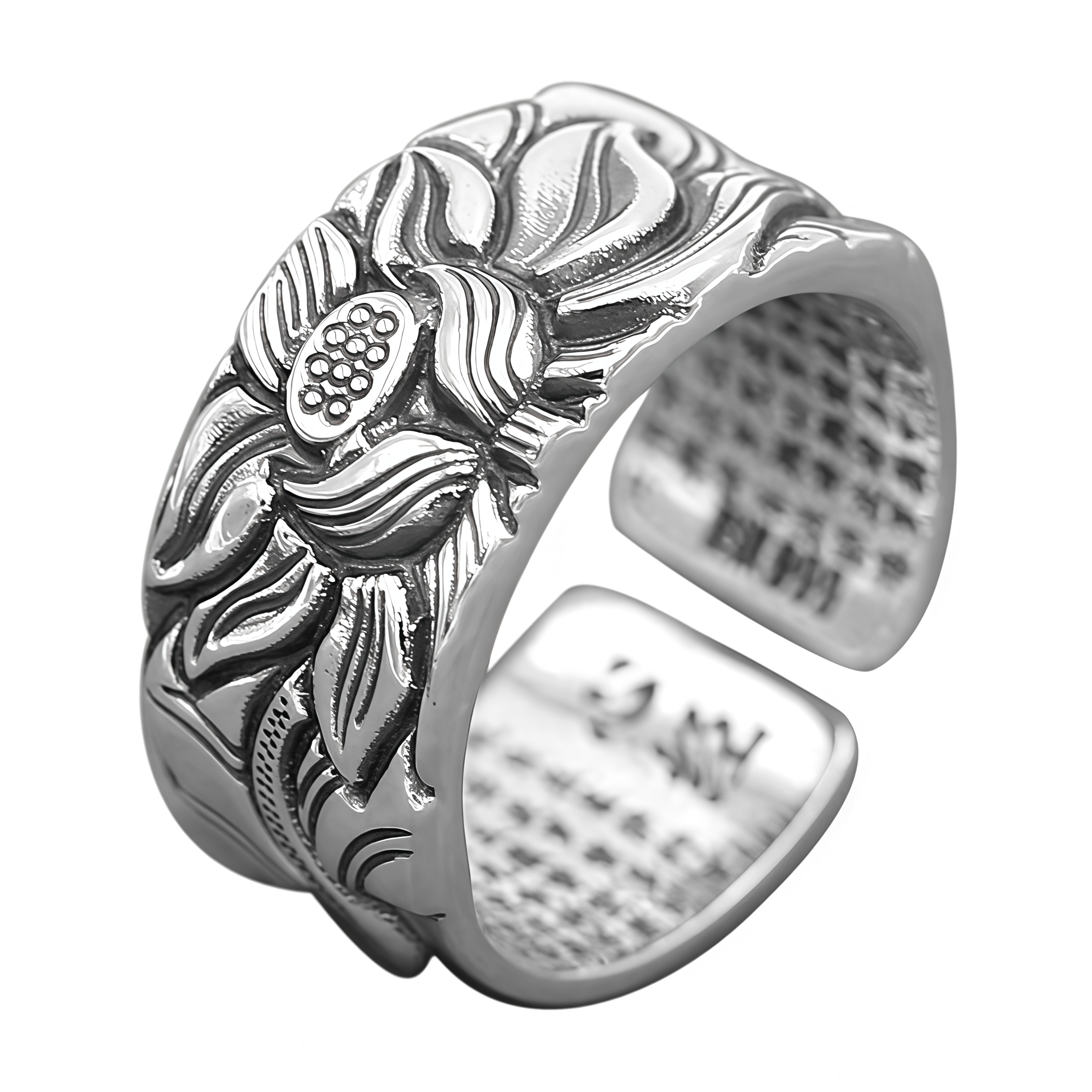 Tibetan Buddhism Silver 999 Ring - Lotus Mantra Engraved Adjustable Open Ring- EclatDoré