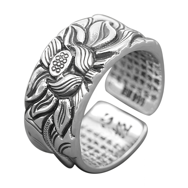 Tibetan Buddhism Silver 999 Ring - Lotus Mantra Engraved Adjustable Open Ring- EclatDoré