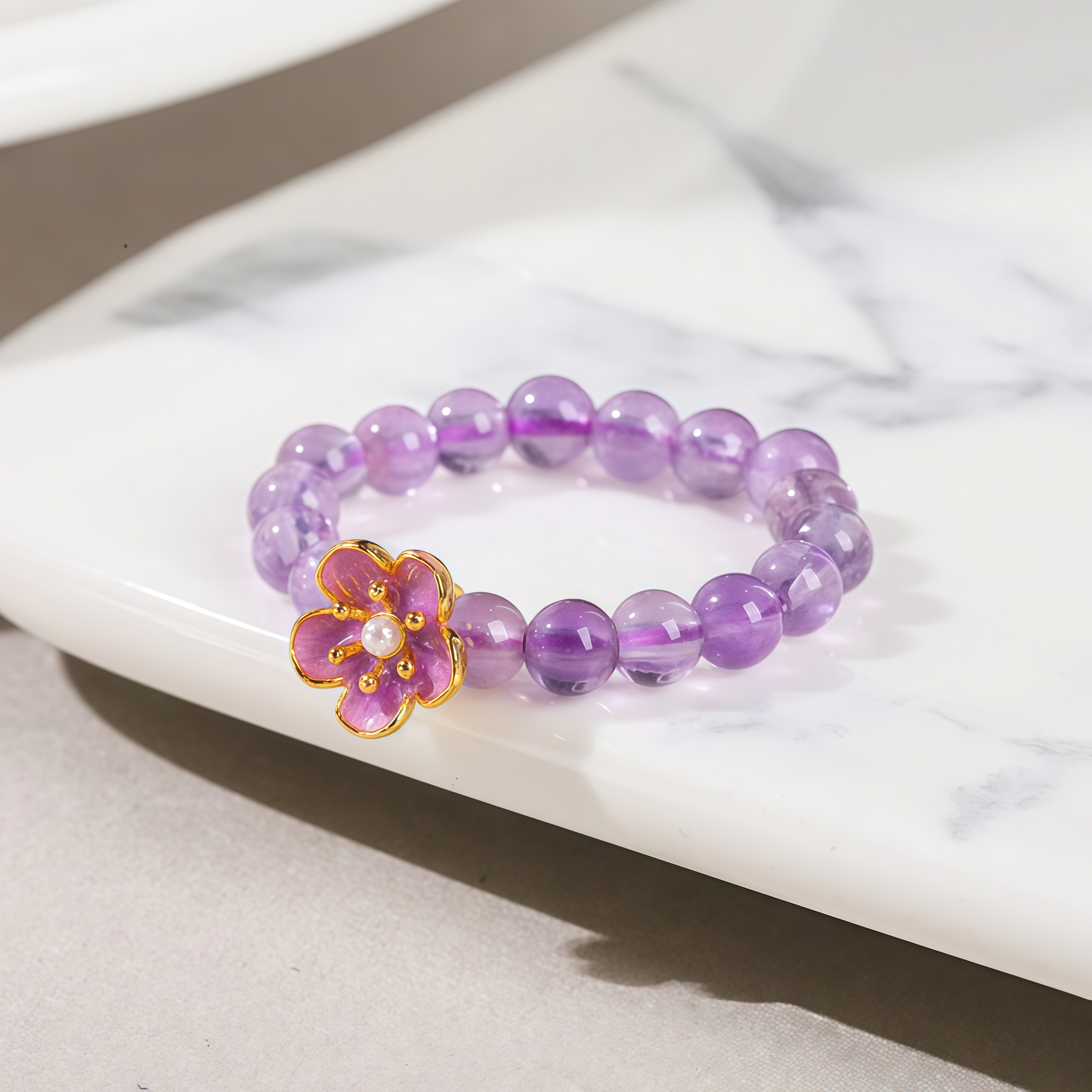 3mm Amethyst Peach Blossom Elastic String Ring- EclatDoré