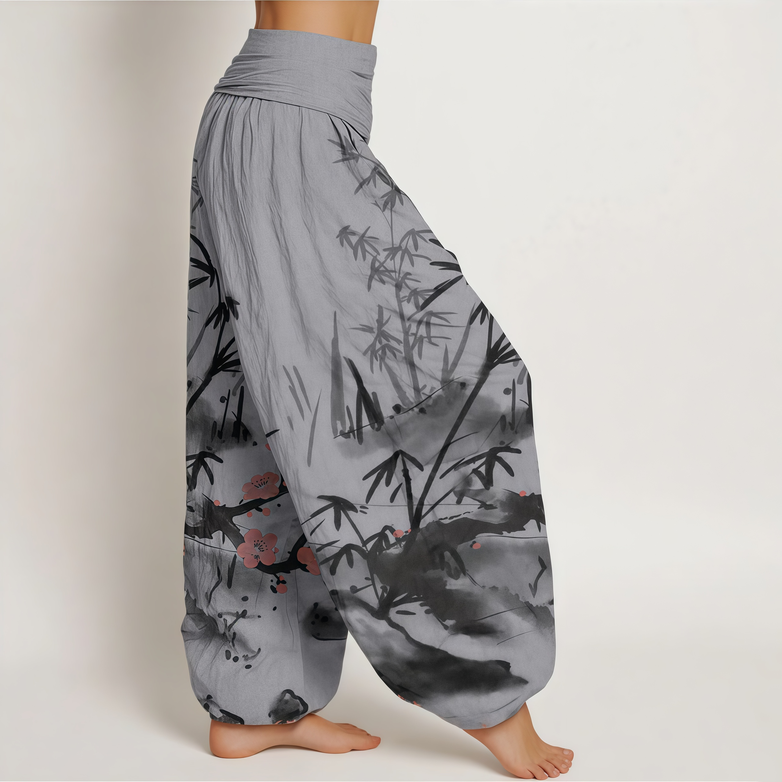 Pure Cotton Plum Blossoms Bamboo Orchids Chrysanthemums Pattern Women's Elastic Waist Harem Pants- EclatDoré
