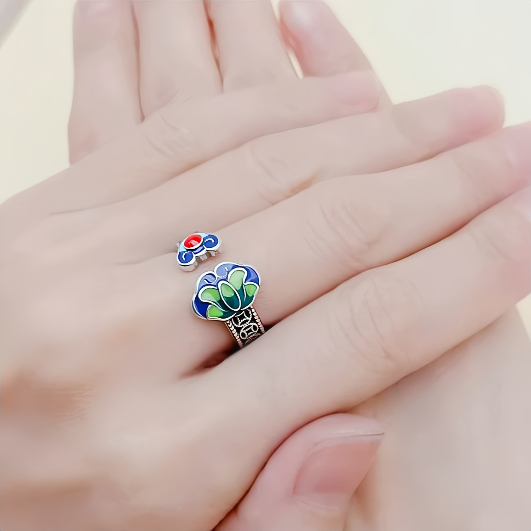 Lotus Flower Copper Coins Ruyi Handle Pattern Enlightenment Adjustable Ring- EclatDoré