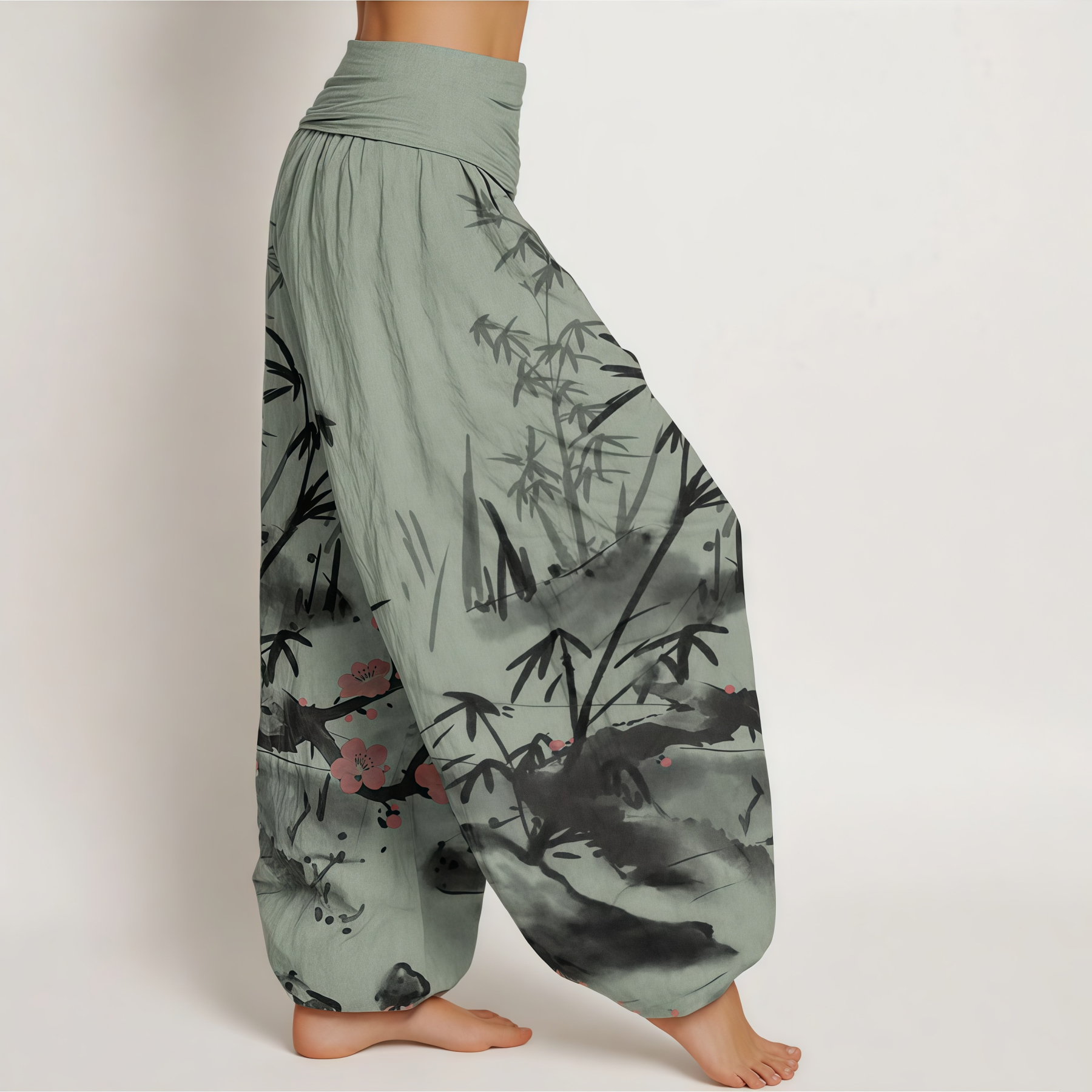 Pure Cotton Plum Blossoms Bamboo Orchids Chrysanthemums Pattern Women's Elastic Waist Harem Pants- EclatDoré