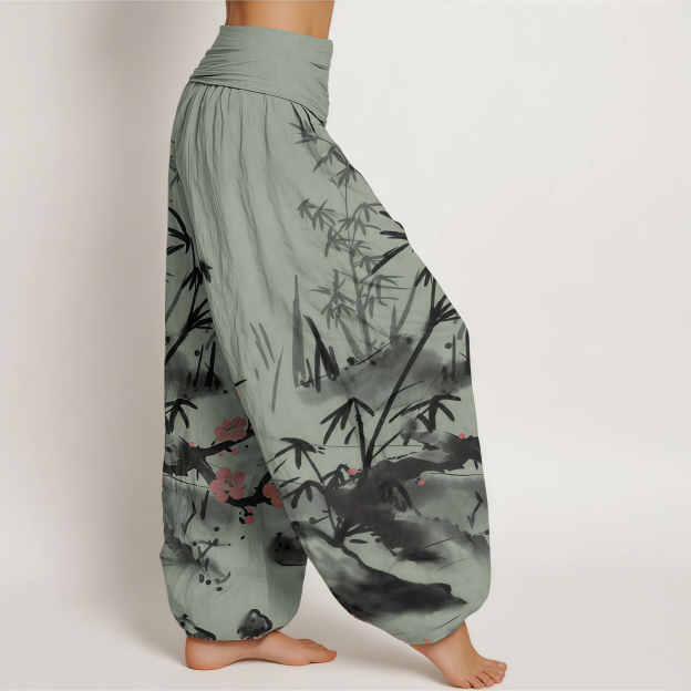 Pure Cotton Plum Blossoms Bamboo Orchids Chrysanthemums Pattern Women's Elastic Waist Harem Pants- EclatDoré