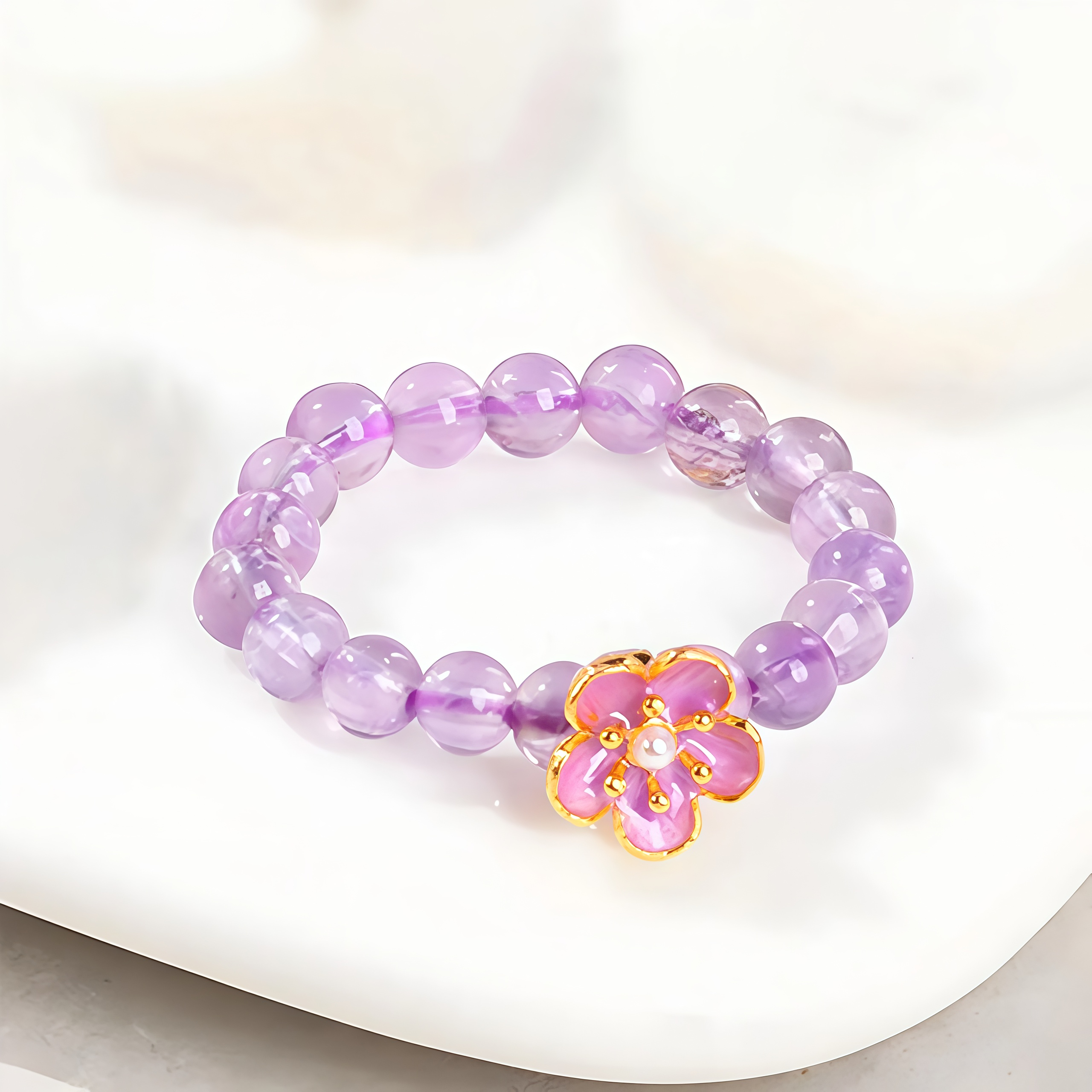 3mm Amethyst Peach Blossom Elastic String Ring- EclatDoré