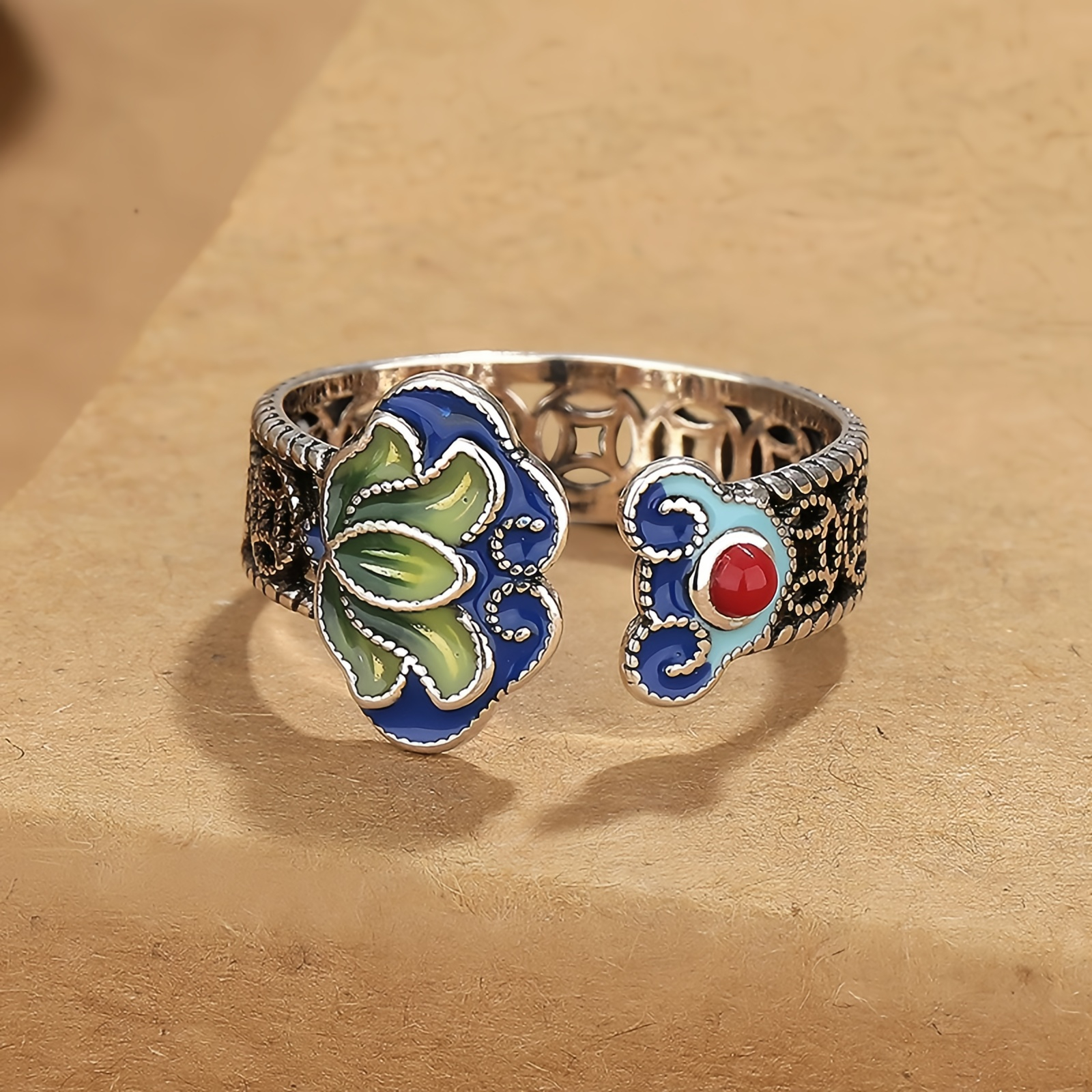 Lotus Flower Copper Coins Ruyi Handle Pattern Enlightenment Adjustable Ring- EclatDoré