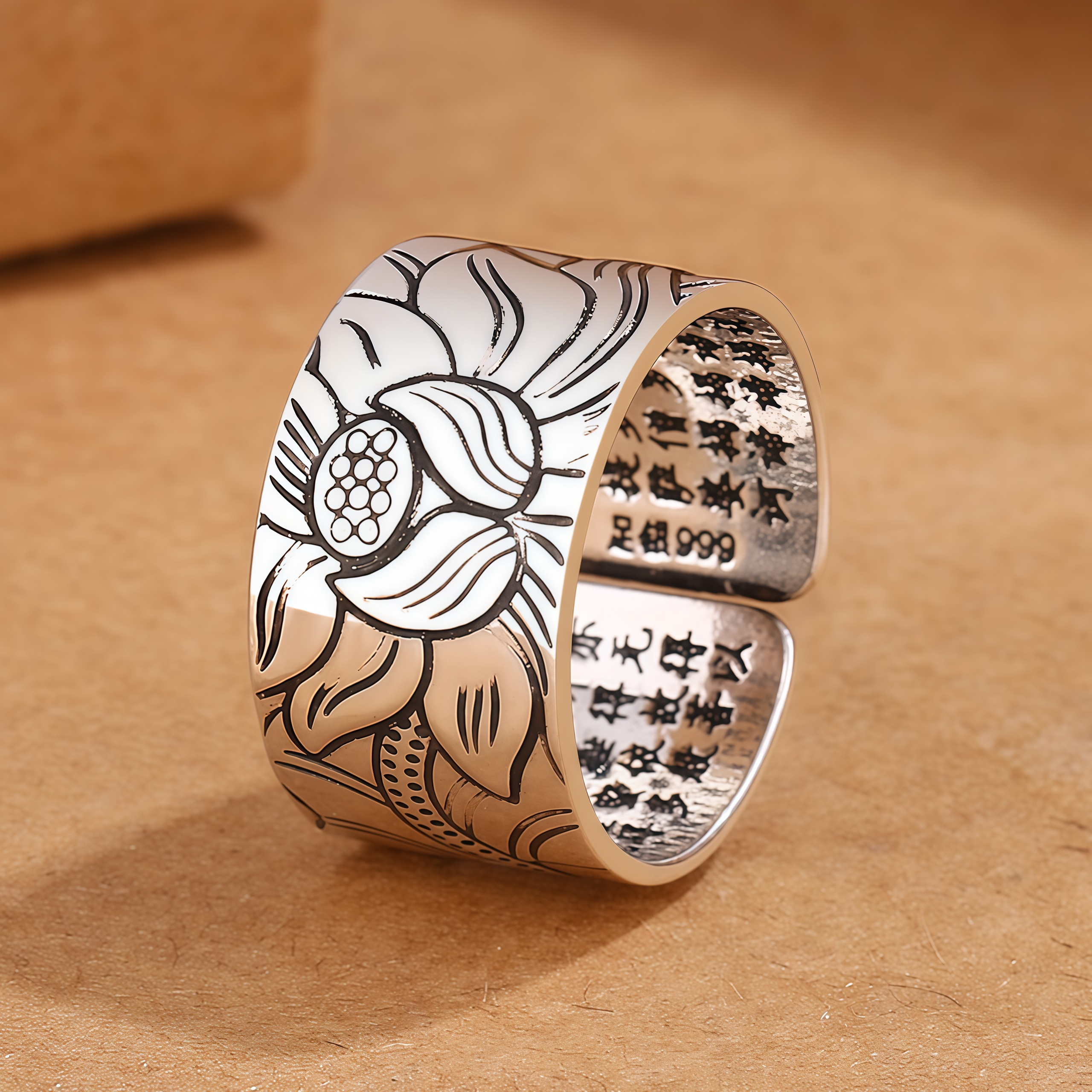 Tibetan Buddhism Silver 999 Ring - Lotus Mantra Engraved Adjustable Open Ring- EclatDoré