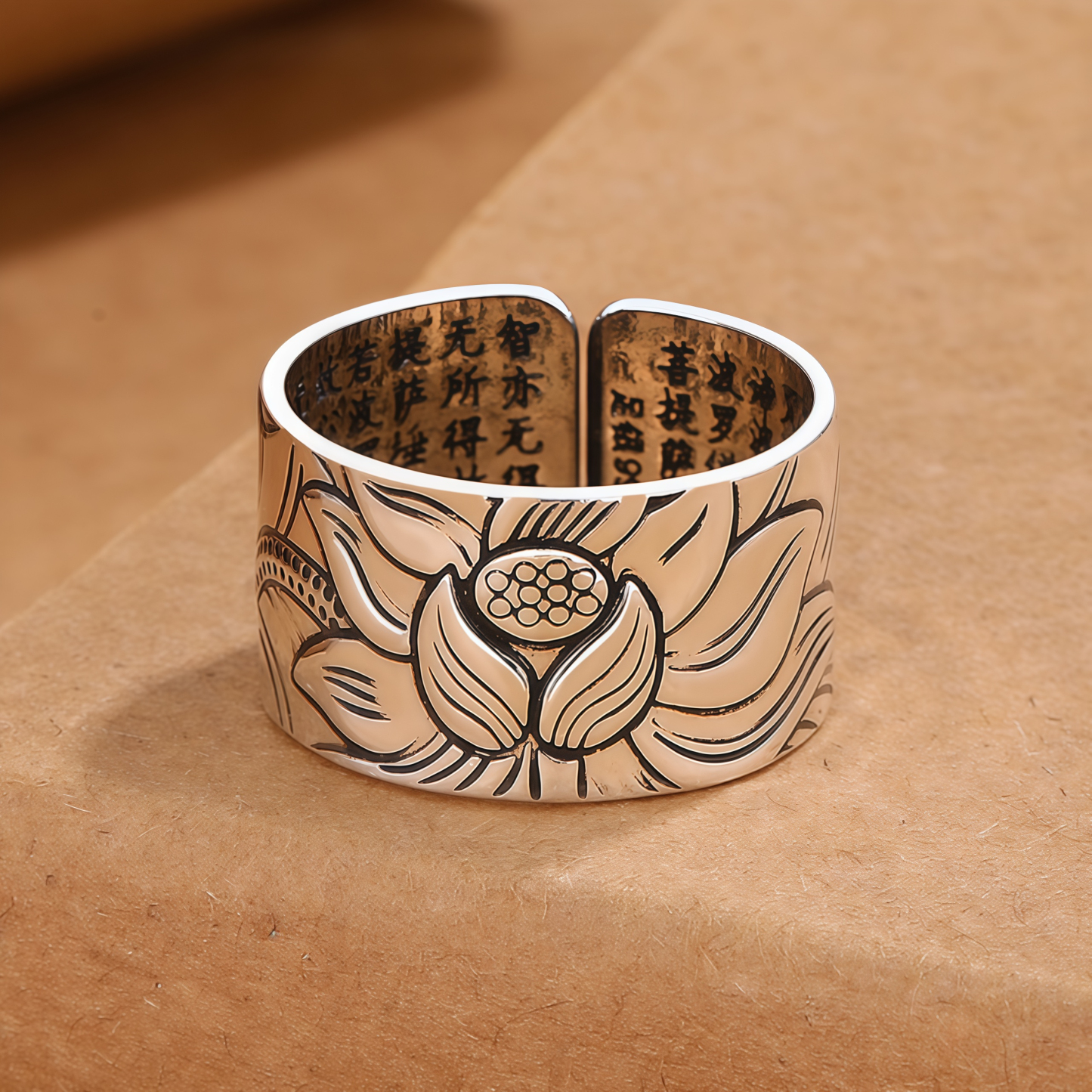 Tibetan Buddhism Silver 999 Ring - Lotus Mantra Engraved Adjustable Open Ring- EclatDoré