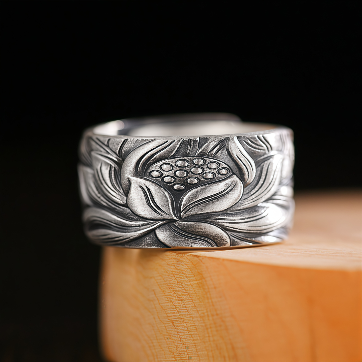 Tibetan Buddhism Silver 999 Ring - Lotus Mantra Engraved Adjustable Open Ring- EclatDoré