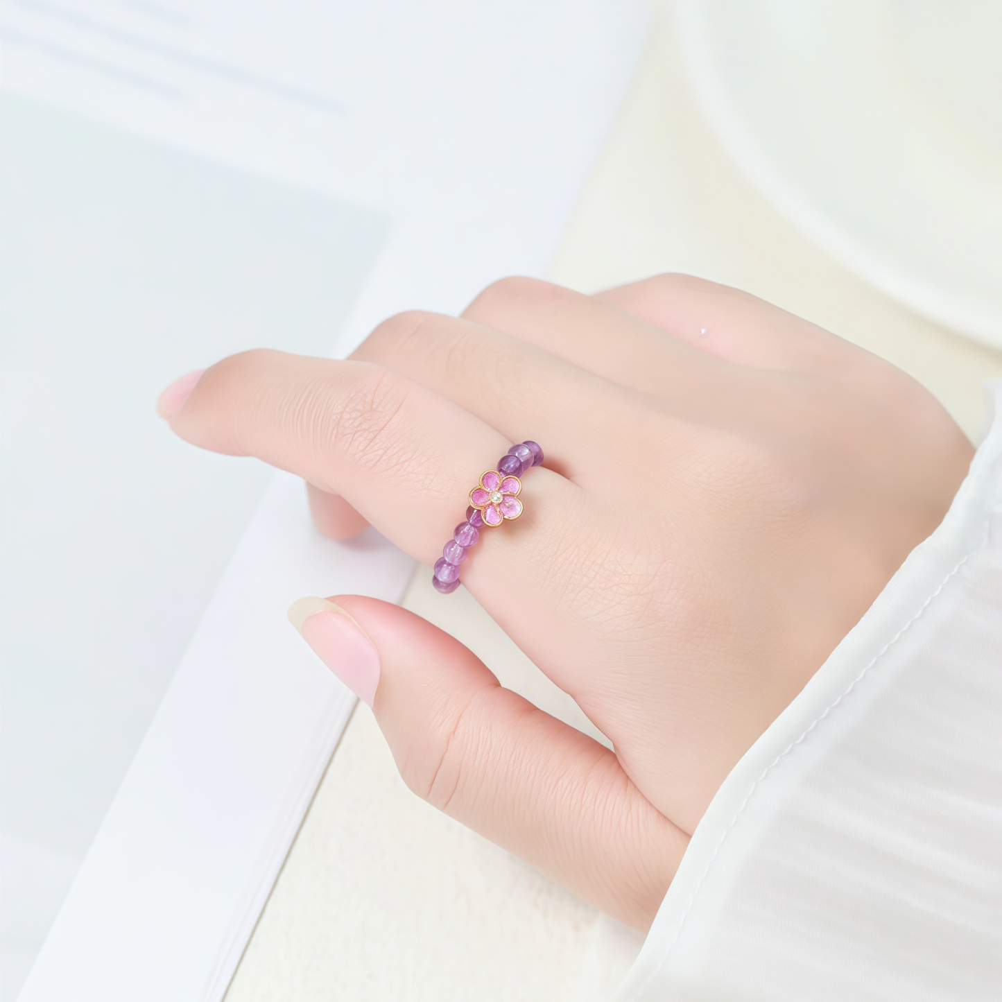 3mm Amethyst Peach Blossom Elastic String Ring- EclatDoré