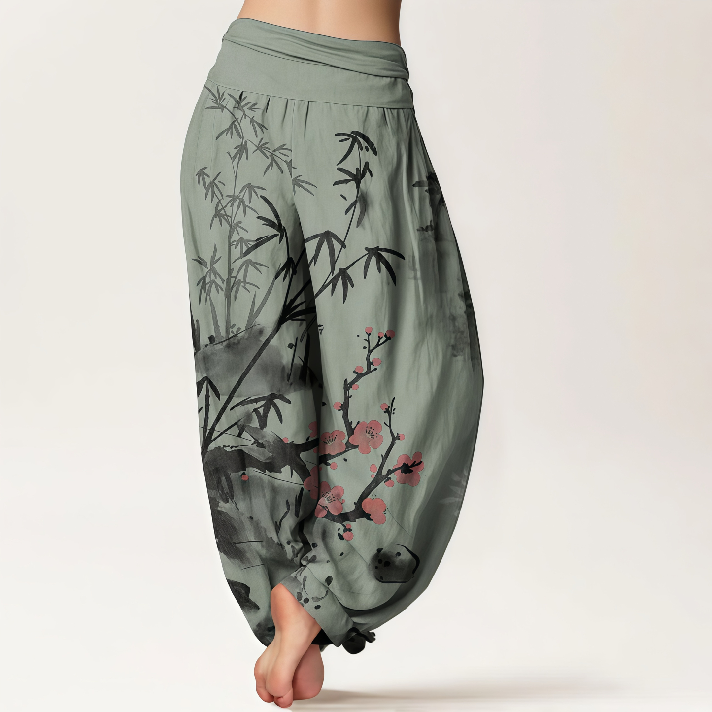 Pure Cotton Plum Blossoms Bamboo Orchids Chrysanthemums Pattern Women's Elastic Waist Harem Pants- EclatDoré