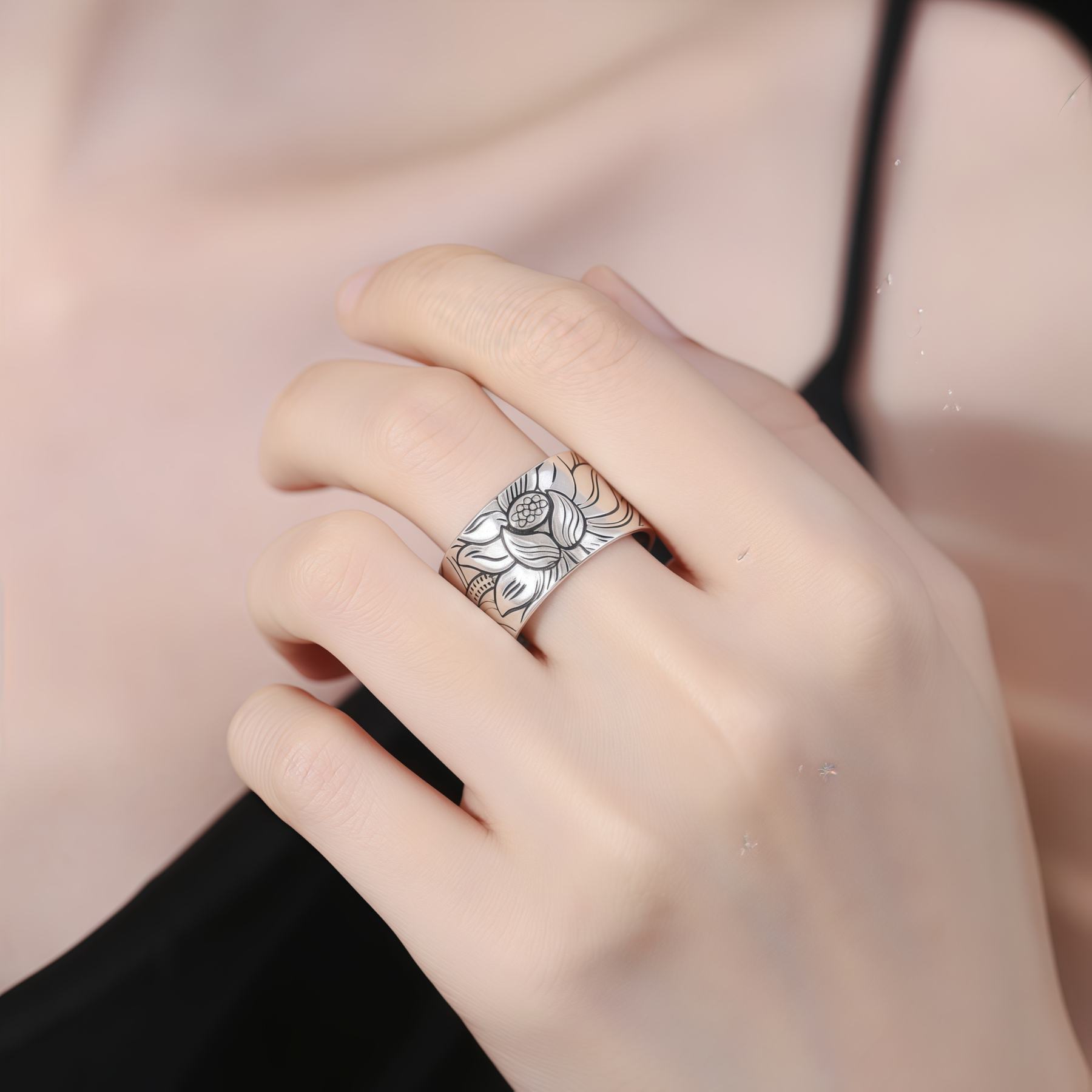 Tibetan Buddhism Silver 999 Ring - Lotus Mantra Engraved Adjustable Open Ring- EclatDoré