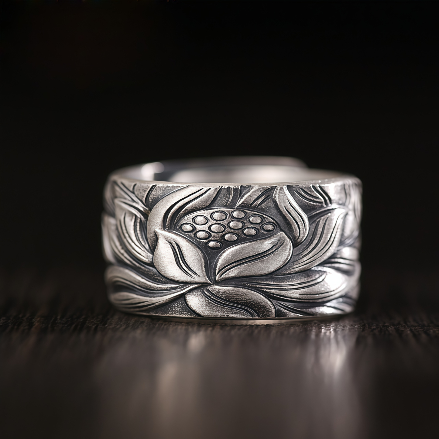 Tibetan Buddhism Silver 999 Ring - Lotus Mantra Engraved Adjustable Open Ring- EclatDoré