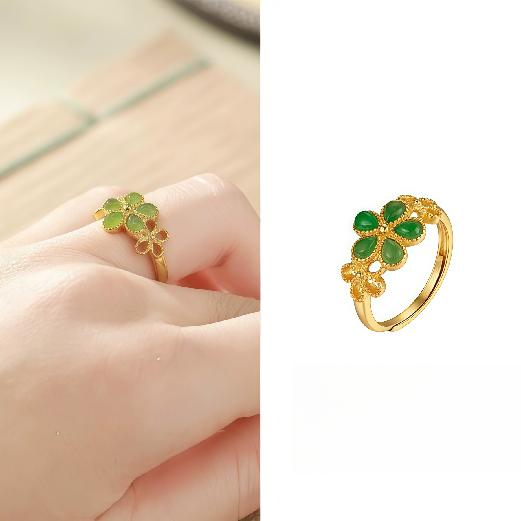 Natural Hetian Jade 925 Sterling Silver Plated Gold Flower Adjustable Prosperity Ring- EclatDoré