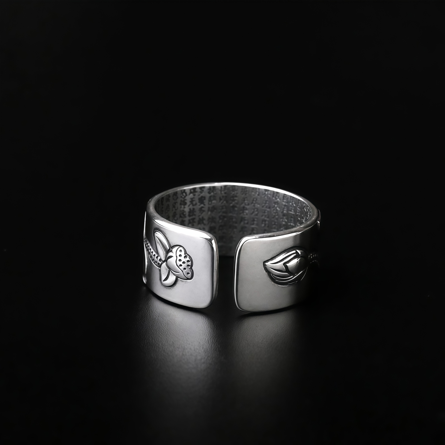 Tibetan Buddhism Silver 999 Ring - Lotus Mantra Engraved Adjustable Open Ring- EclatDoré