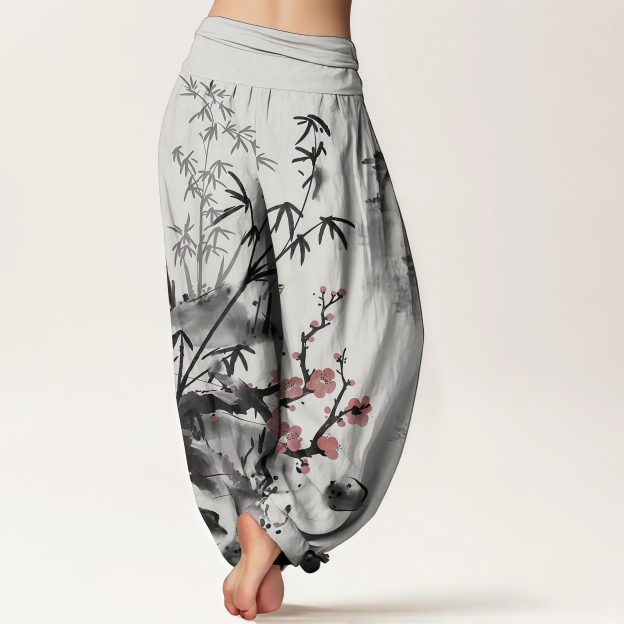 Pure Cotton Plum Blossoms Bamboo Orchids Chrysanthemums Pattern Women's Elastic Waist Harem Pants- EclatDoré