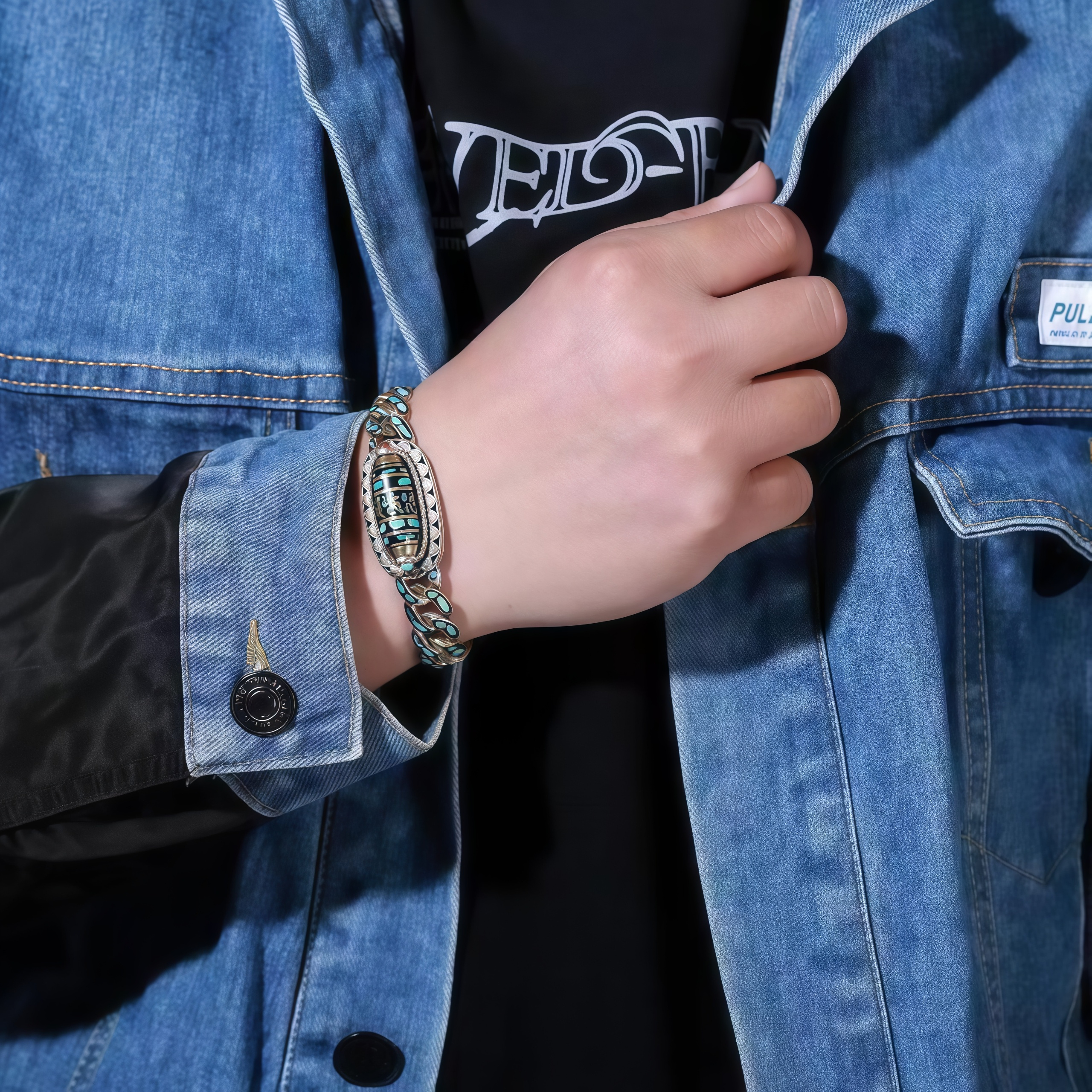 Tibetan Nine-Eye Dzi Bead Om Mani Padme Hum Turquoise Protection Rotatable Bracelet- EclatDoré