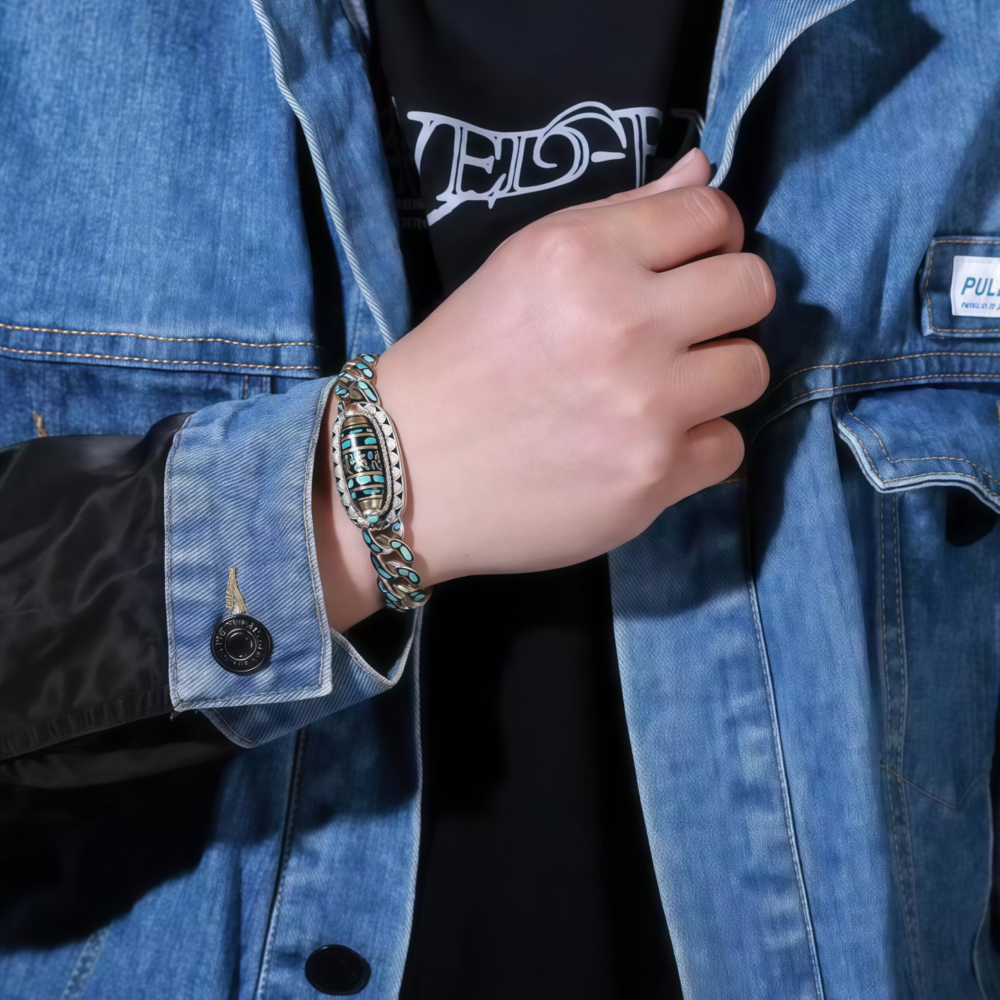 Tibetan Nine-Eye Dzi Bead Om Mani Padme Hum Turquoise Protection Rotatable Bracelet- EclatDoré