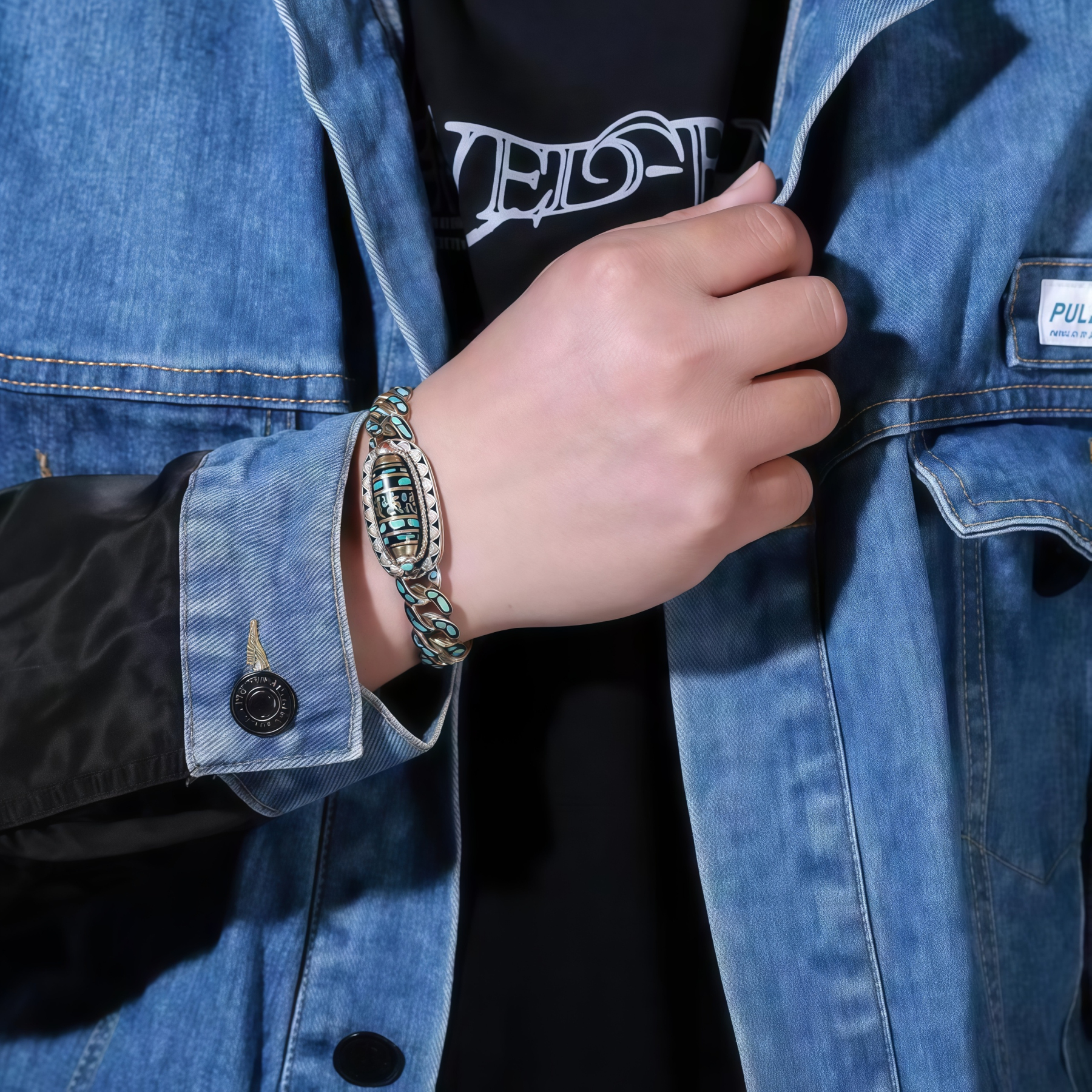 Tibetan Nine-Eye Dzi Bead Om Mani Padme Hum Turquoise Protection Rotatable Bracelet- EclatDoré