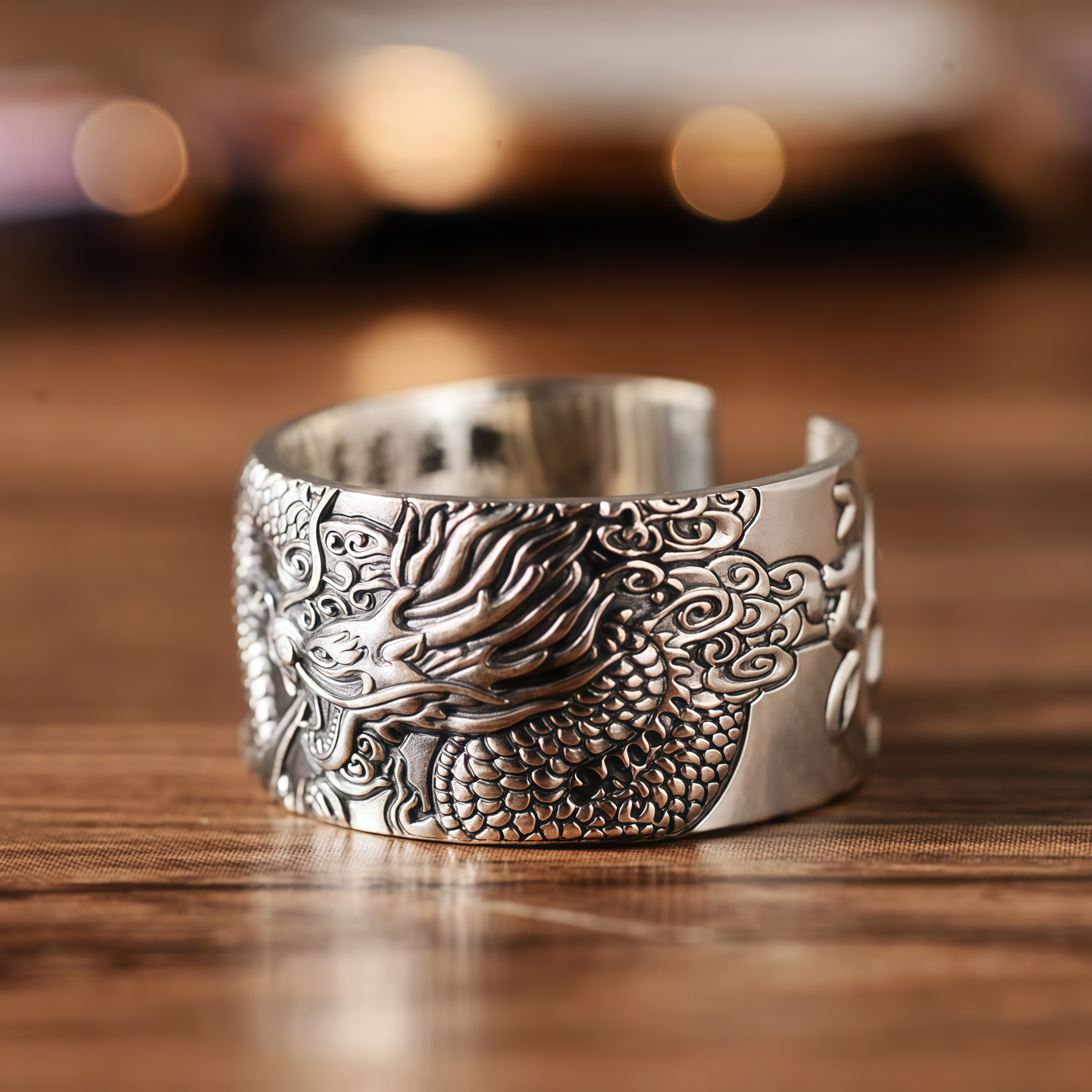 999 Sterling Silver Dragon Carved Pattern Protection Success Ring- EclatDoré