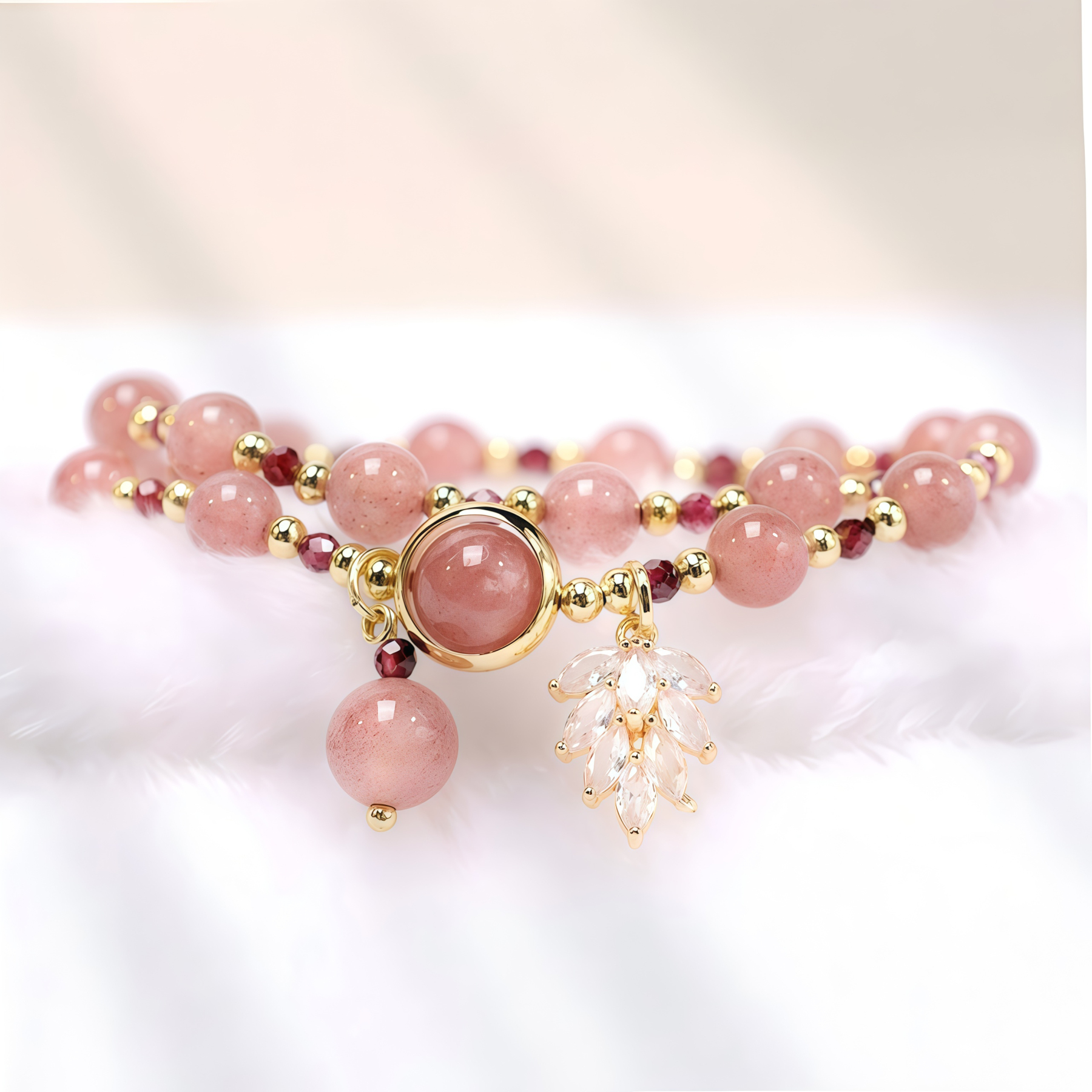 Natural Strawberry Quartz Love Healing Maple Leaf Charm Double Wrap Bracelet- EclatDoré