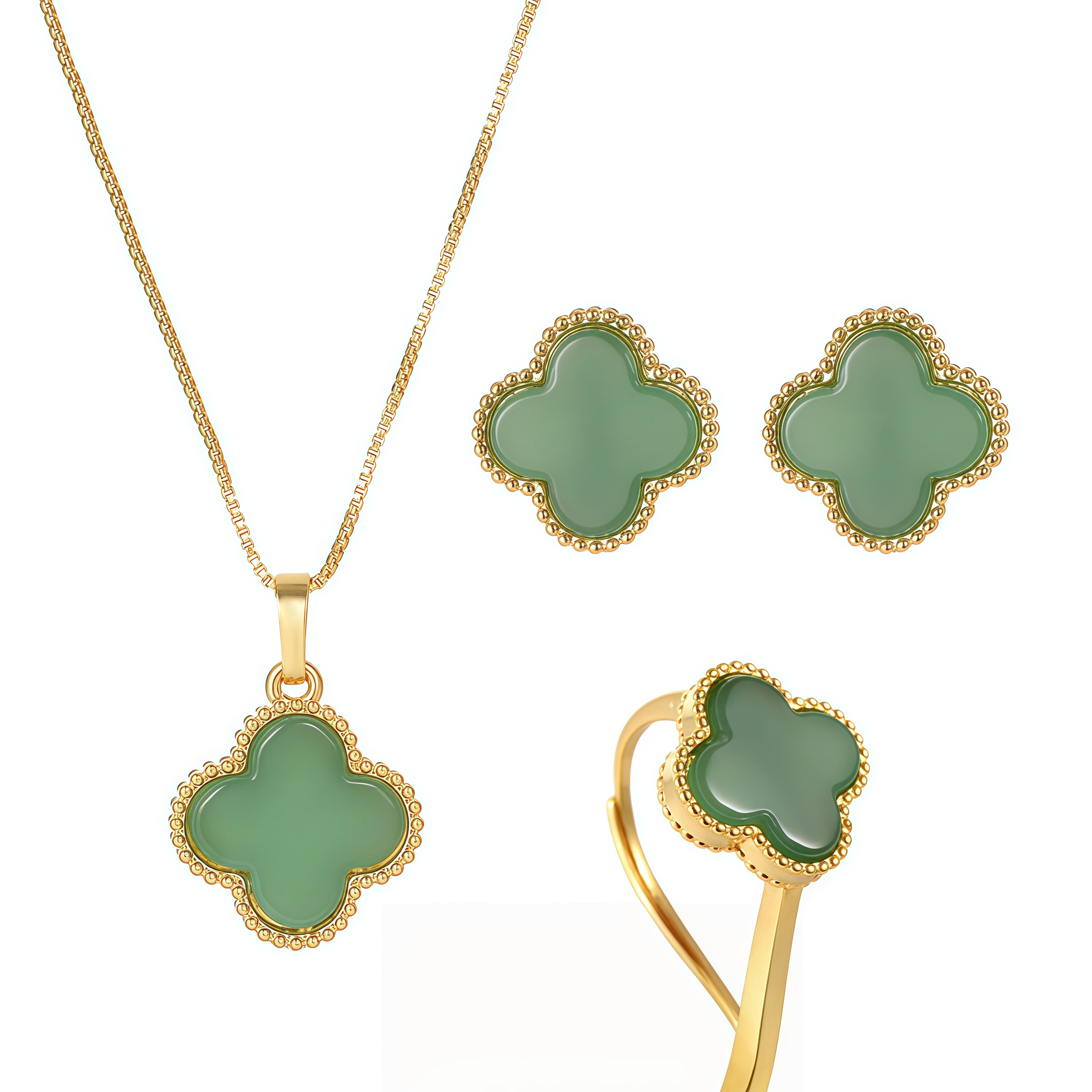 Natural Green Agate Four-Leaf Clover Lucky Charm Necklace & Earring Set- EclatDoré