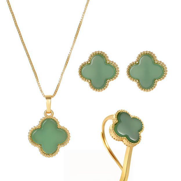 Natural Green Agate Four-Leaf Clover Lucky Charm Necklace & Earring Set- EclatDoré