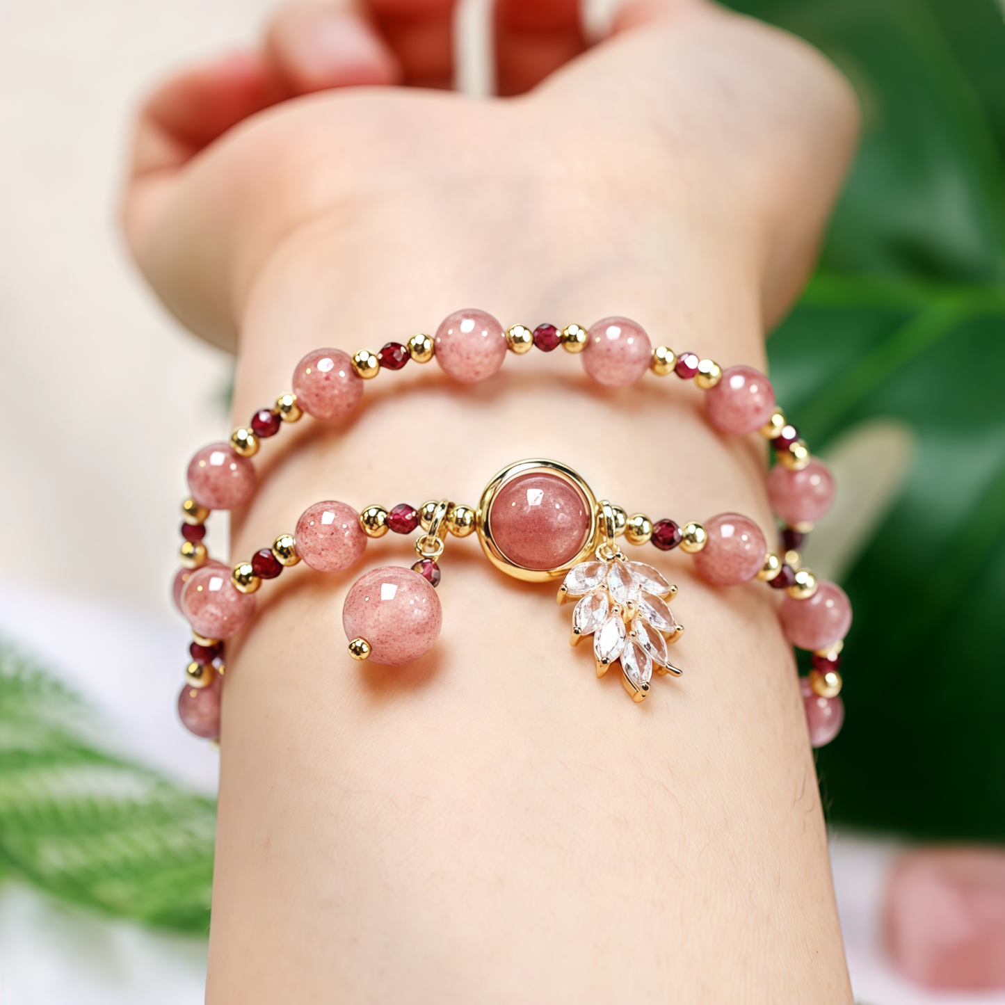 Natural Strawberry Quartz Love Healing Maple Leaf Charm Double Wrap Bracelet- EclatDoré