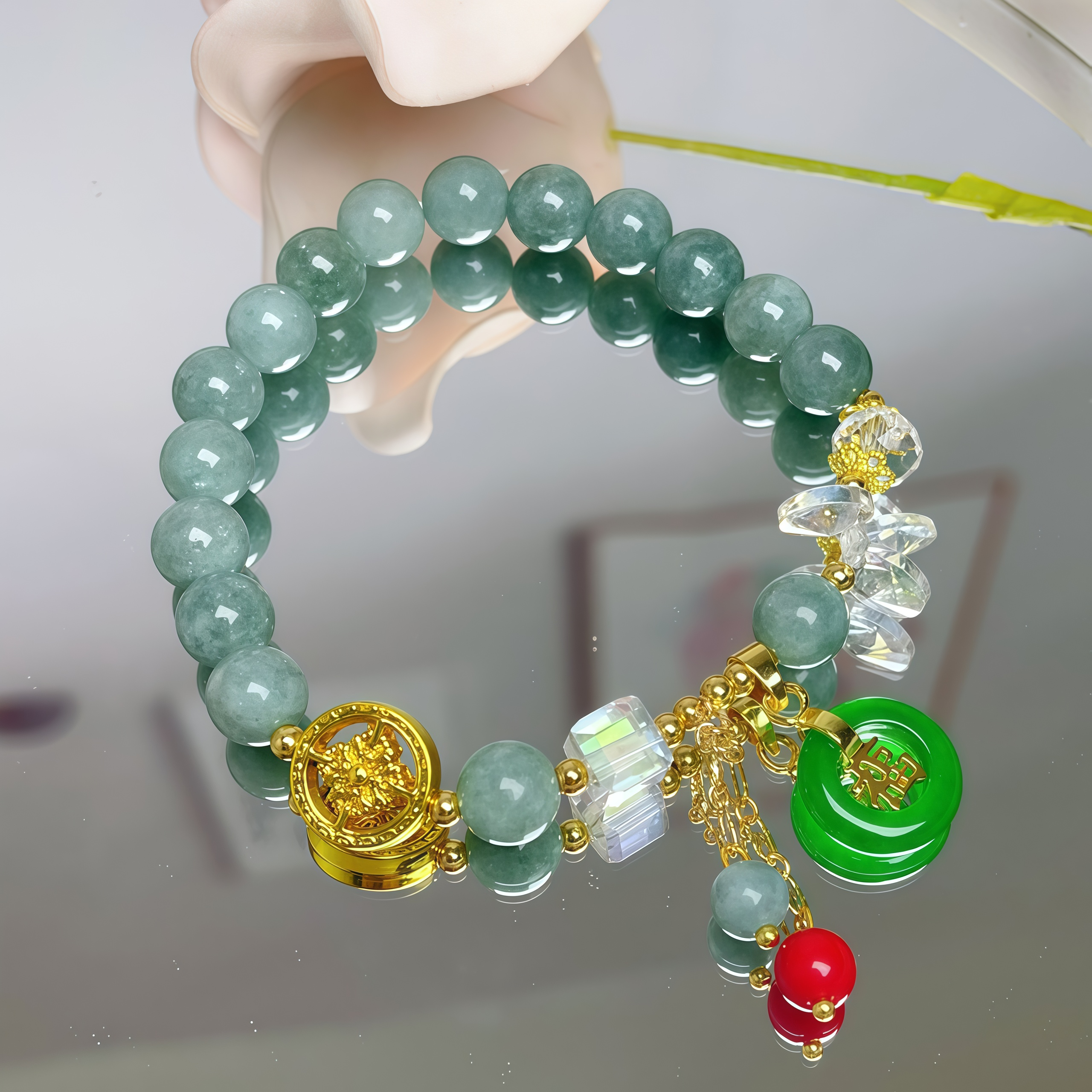 Strawberry Quartz Jade Fu Character Charm Healing Bracelet- EclatDoré