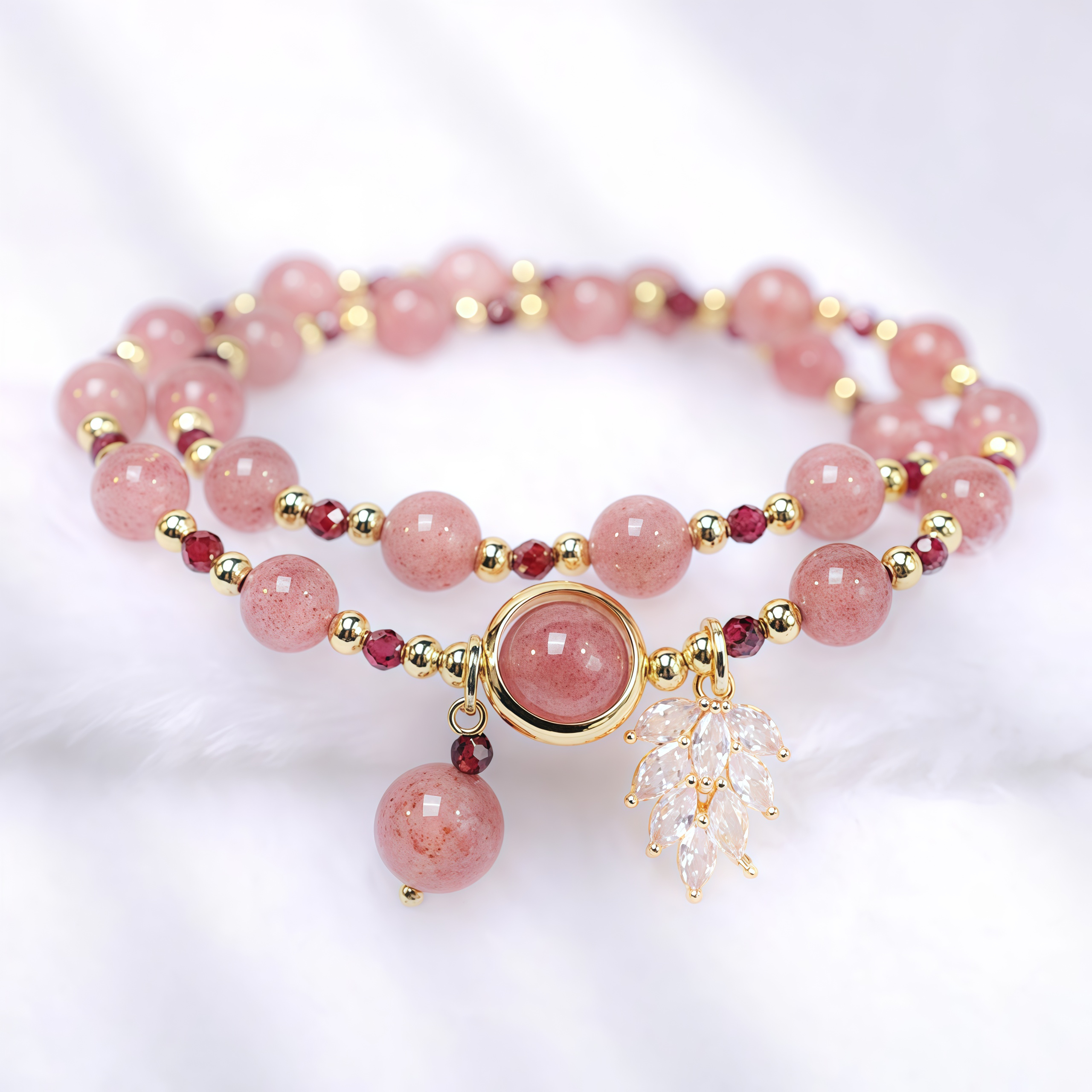 Natural Strawberry Quartz Love Healing Maple Leaf Charm Double Wrap Bracelet- EclatDoré