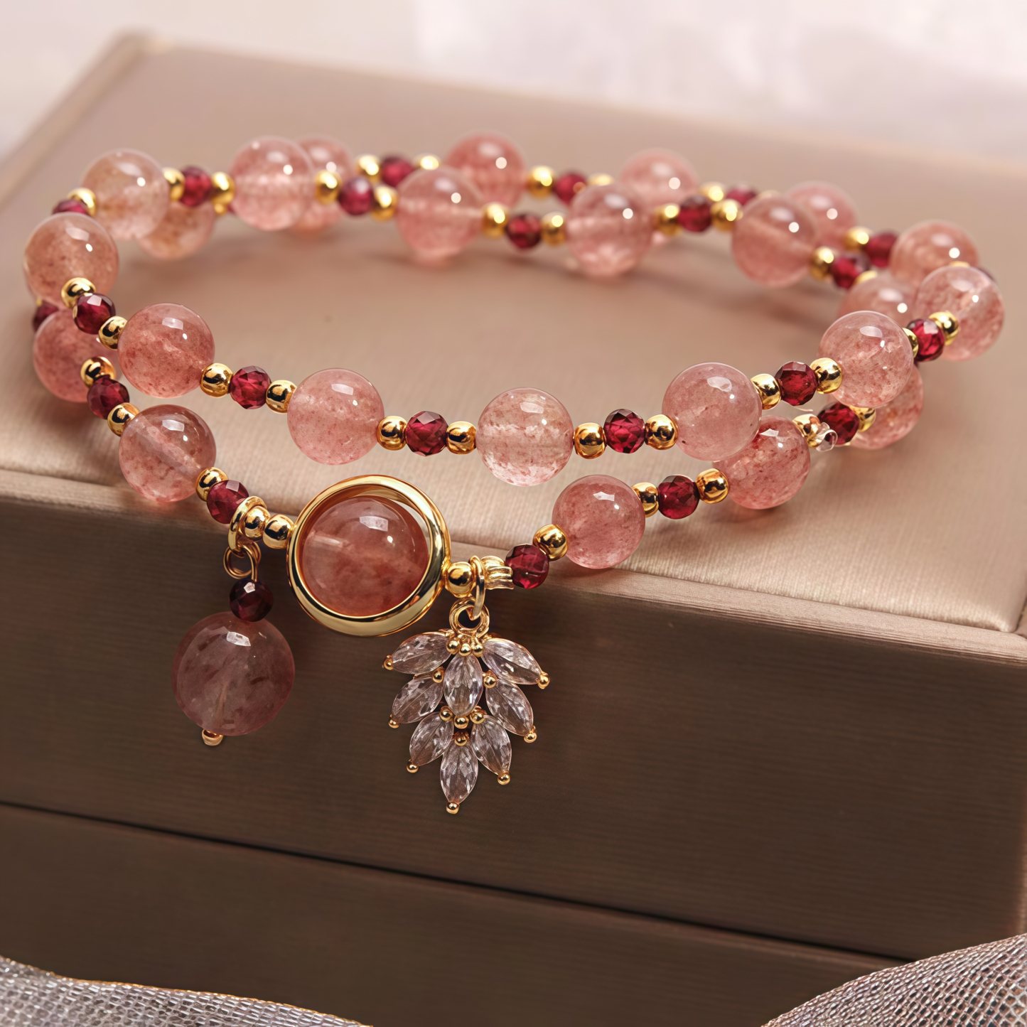 Natural Strawberry Quartz Love Healing Maple Leaf Charm Double Wrap Bracelet- EclatDoré