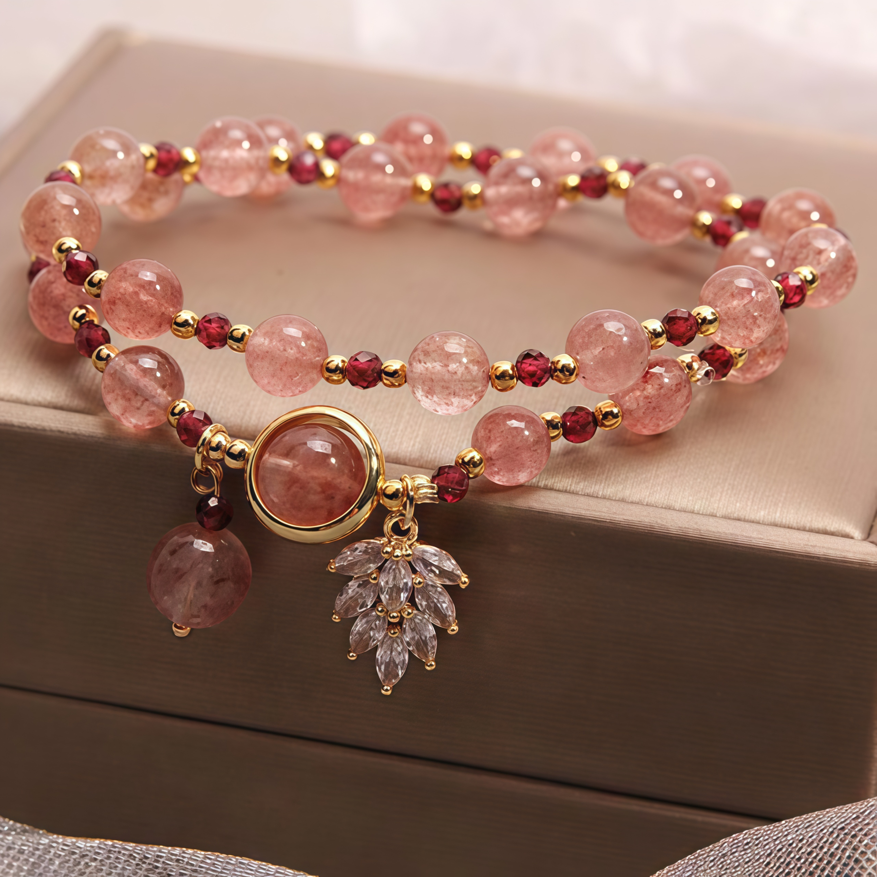Natural Strawberry Quartz Love Healing Maple Leaf Charm Double Wrap Bracelet- EclatDoré