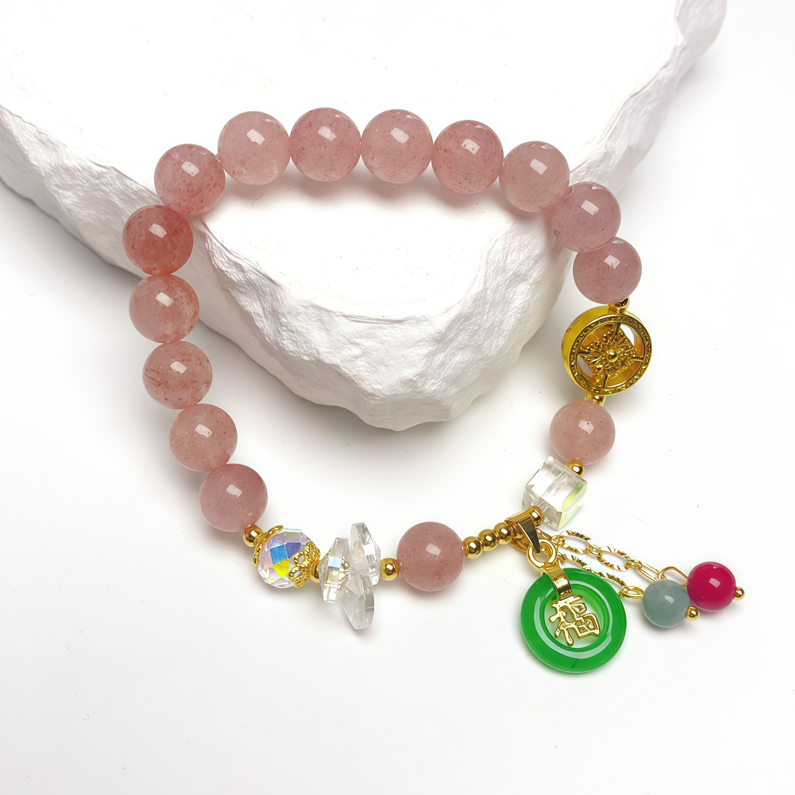 Strawberry Quartz Jade Fu Character Charm Healing Bracelet- EclatDoré