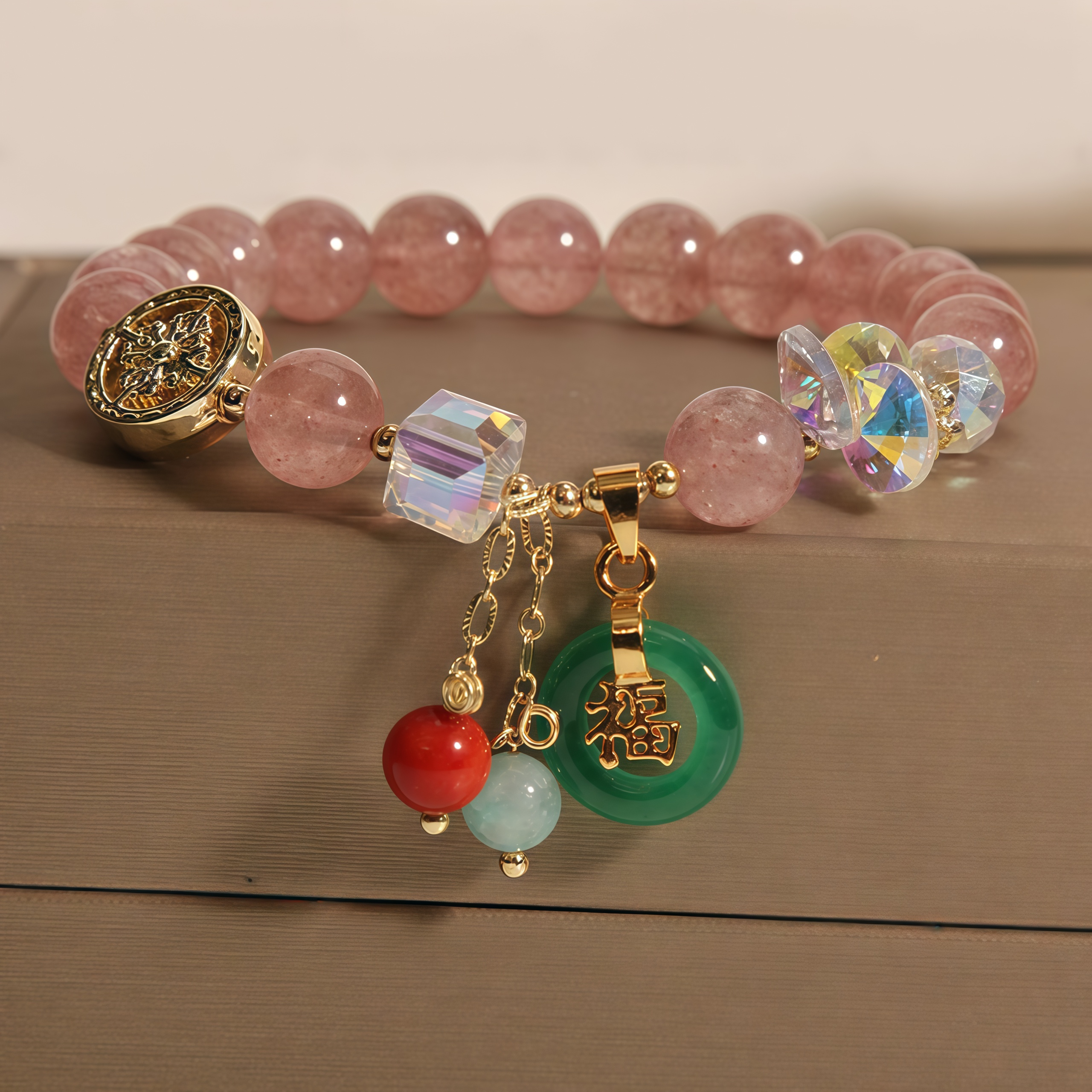 Strawberry Quartz Jade Fu Character Charm Healing Bracelet- EclatDoré