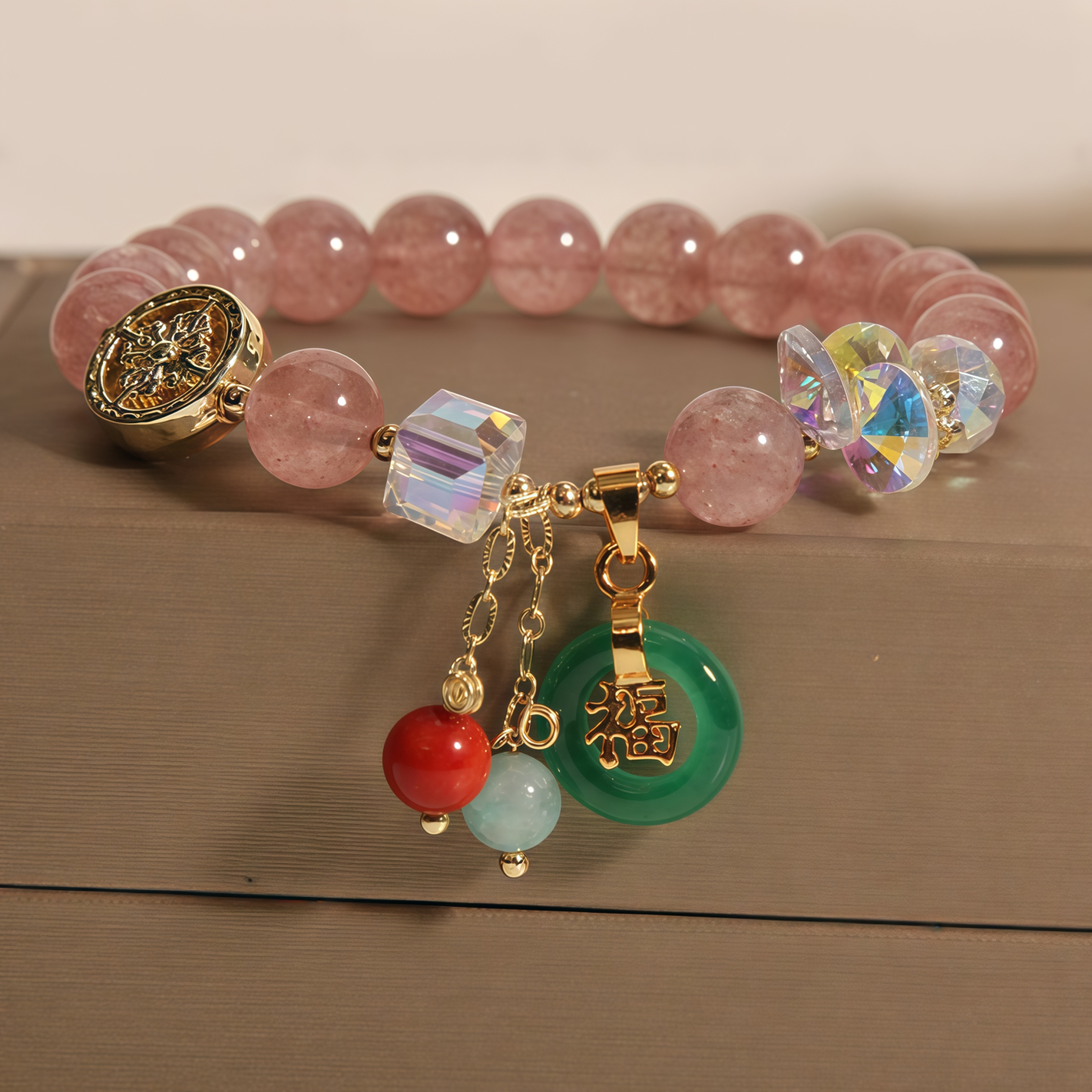 Strawberry Quartz Jade Fu Character Charm Healing Bracelet- EclatDoré
