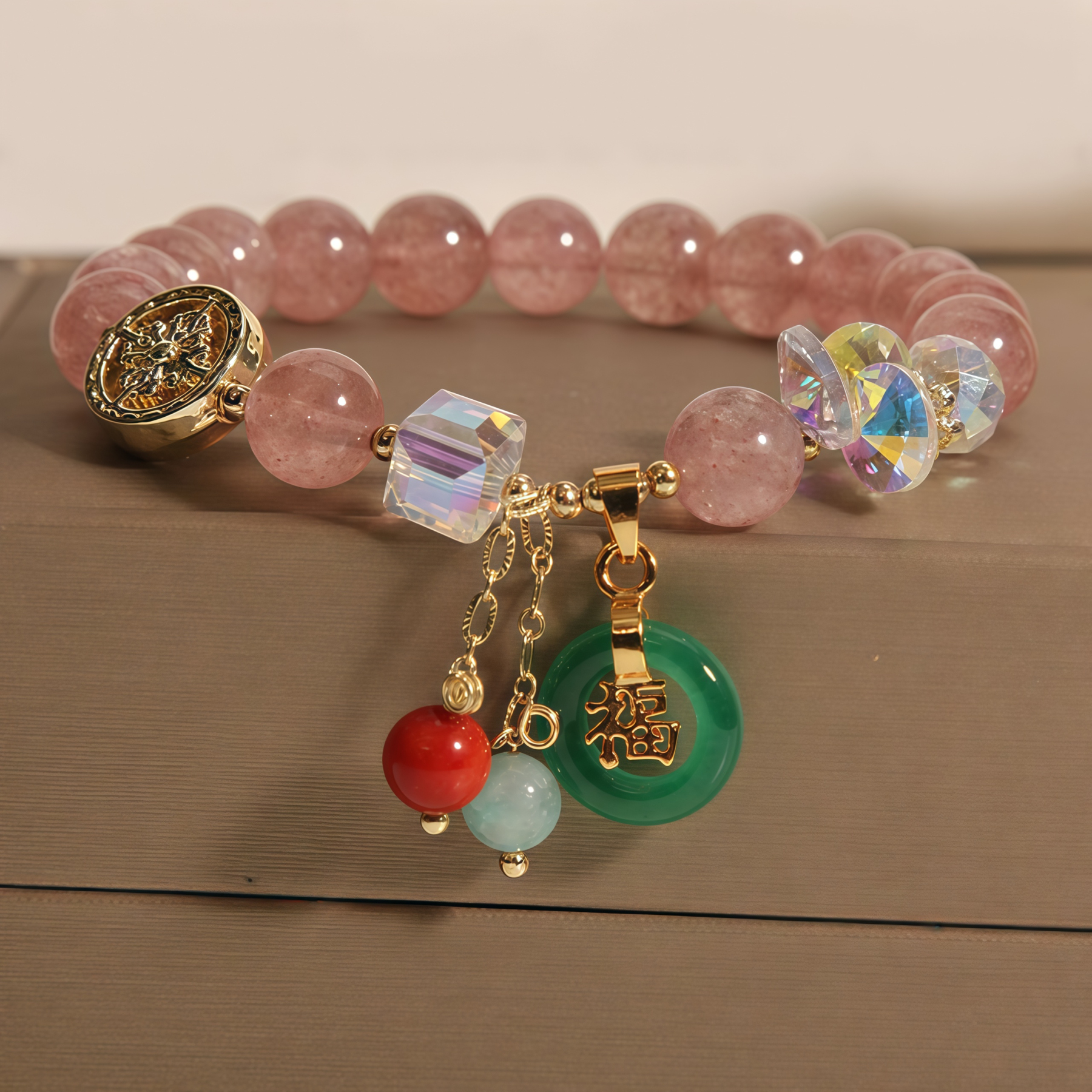 Strawberry Quartz Jade Fu Character Charm Healing Bracelet- EclatDoré