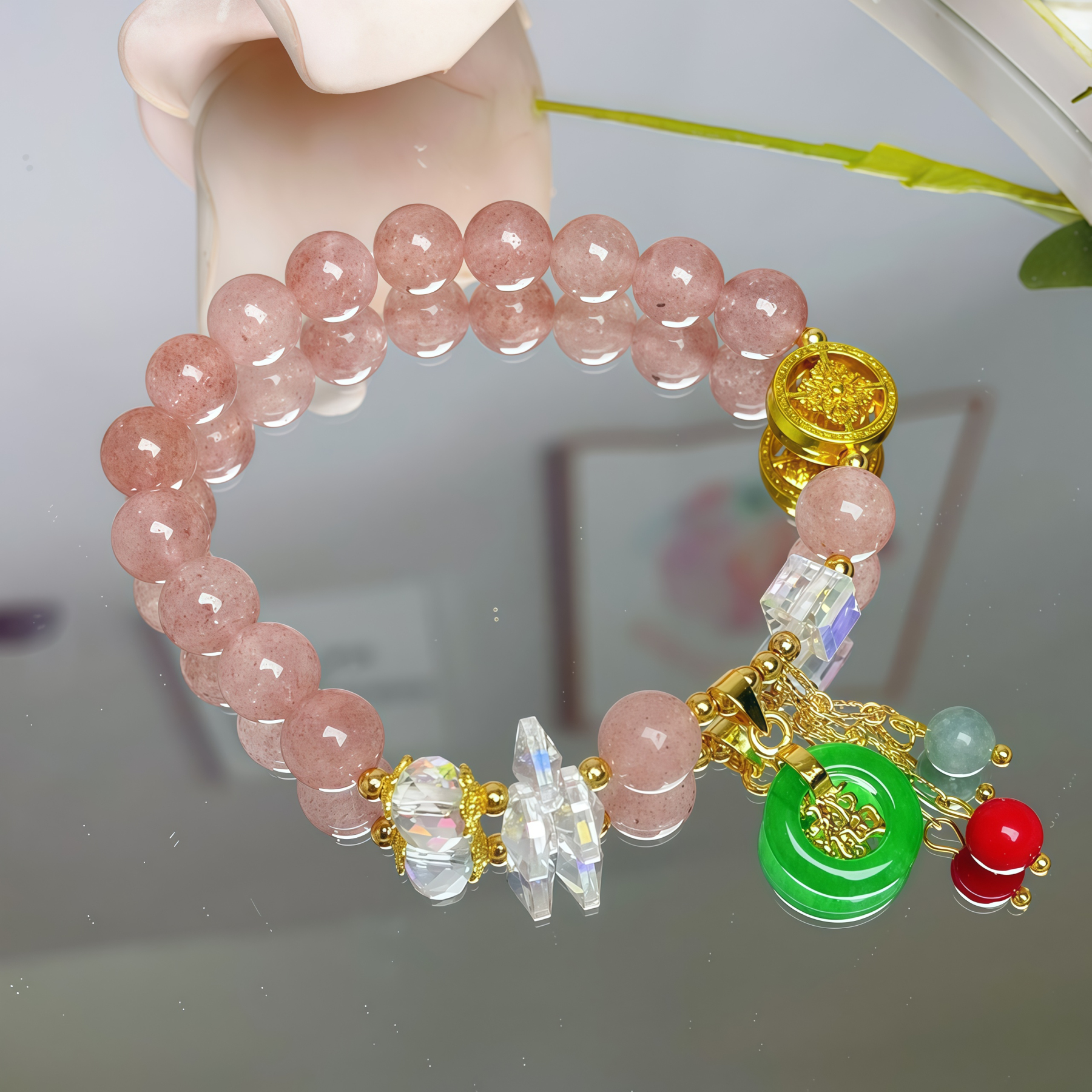Strawberry Quartz Jade Fu Character Charm Healing Bracelet- EclatDoré